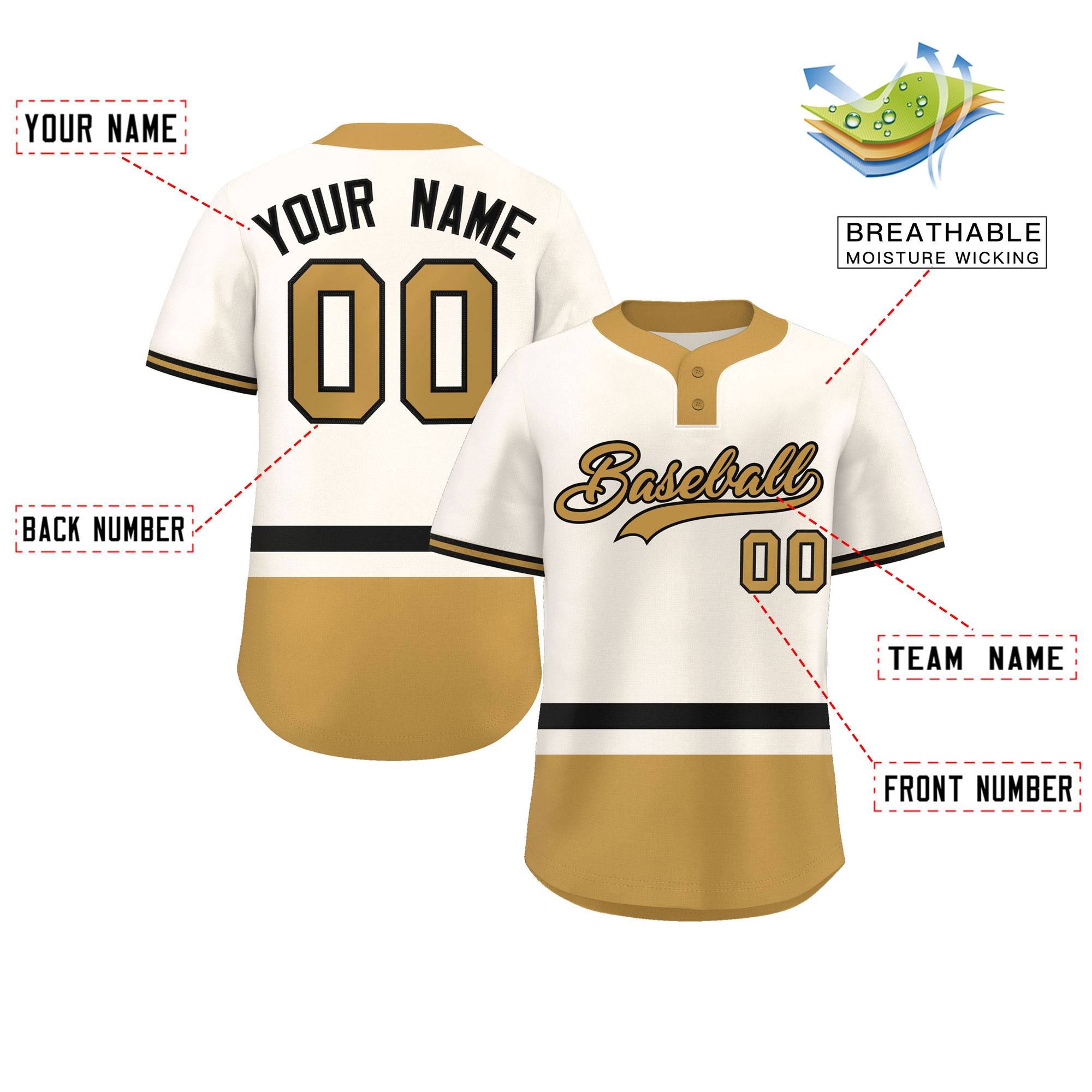 Custom Cream Black-Old Gold Color Block Personalized Authentic Two-Button Baseball Jersey