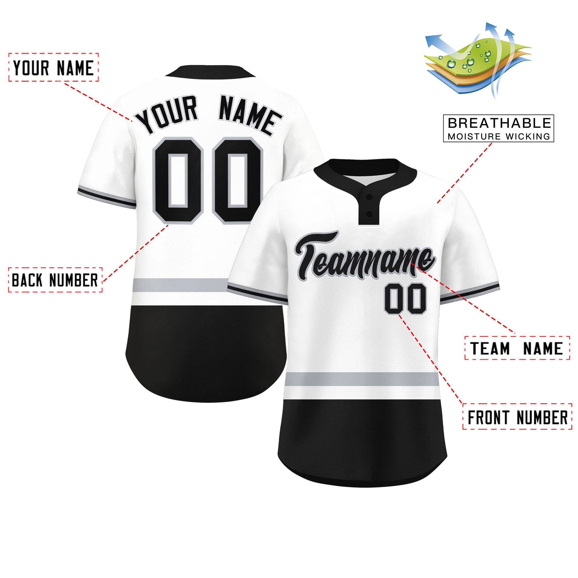 Custom White Gray-Black Color Block Personalized Authentic Two-Button Baseball Jersey