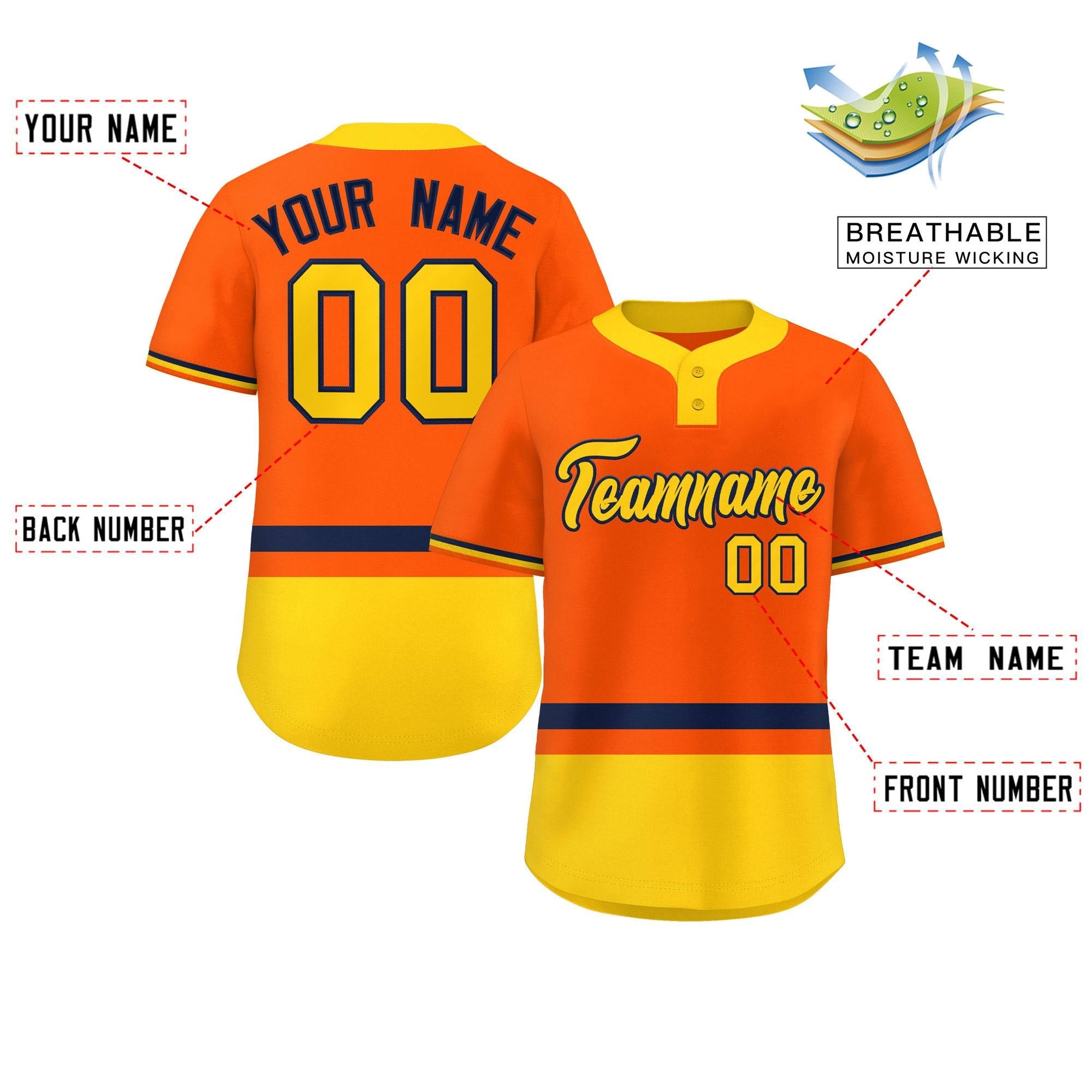 Custom Orange Navy-Gold Color Block Personalized Authentic Two-Button Baseball Jersey