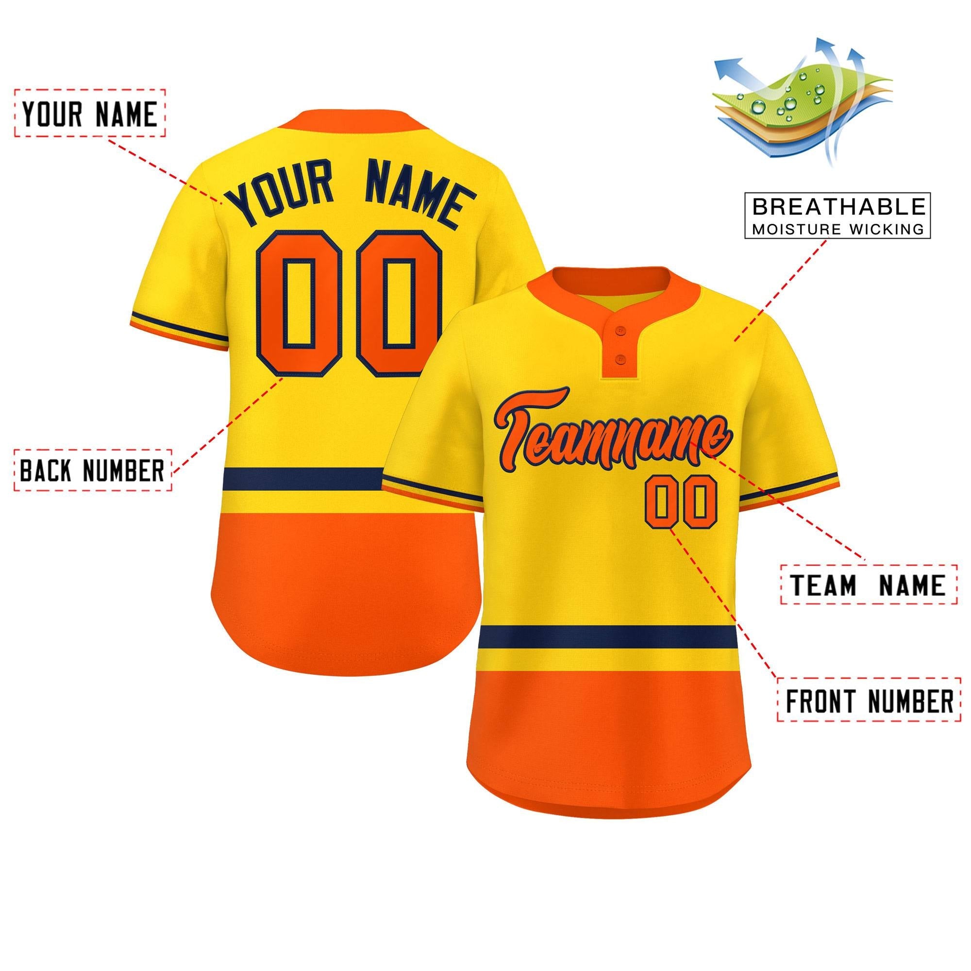 Custom Gold Navy-Orange Color Block Personalized Authentic Two-Button Baseball Jersey