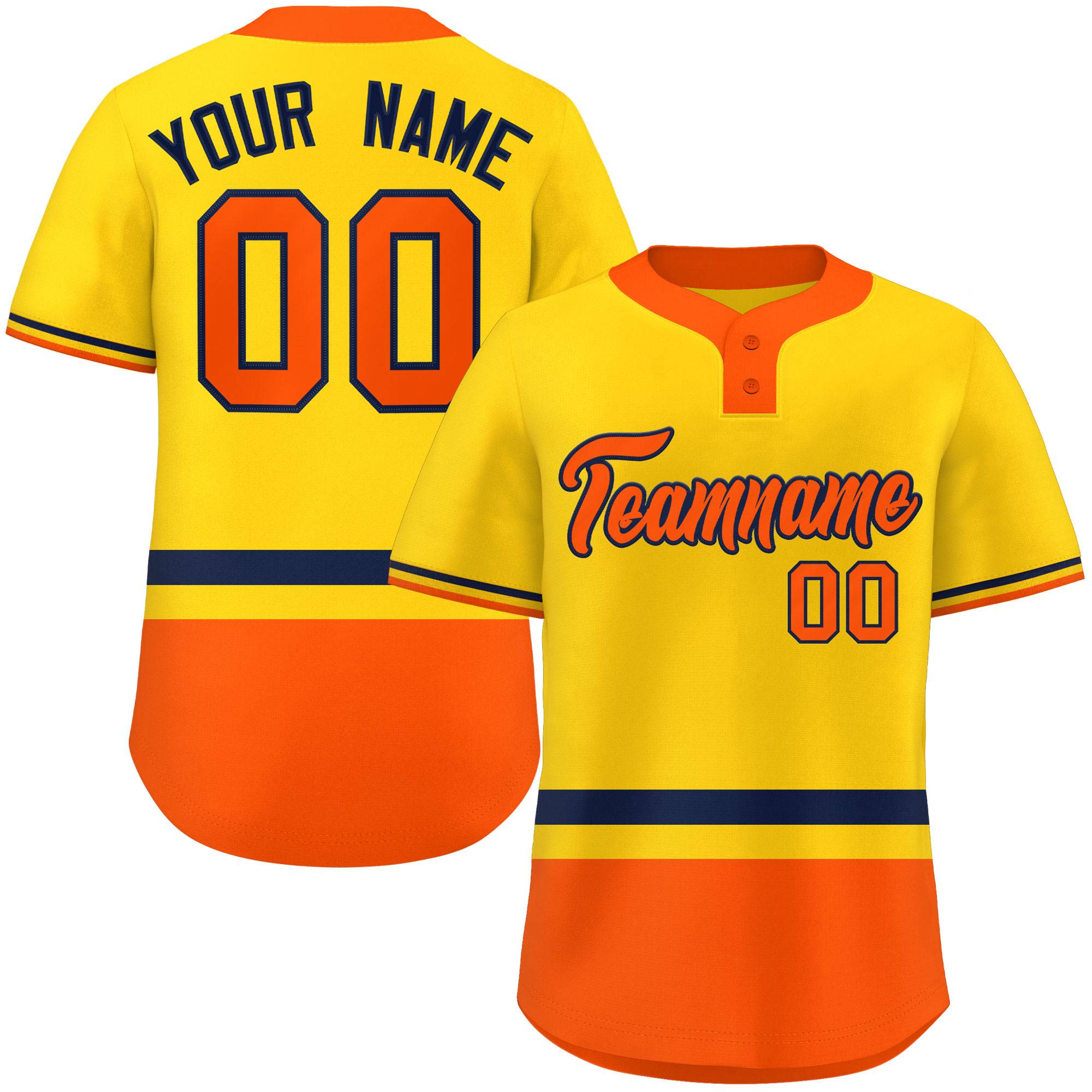 Custom Gold Navy-Orange Color Block Personalized Authentic Two-Button Baseball Jersey