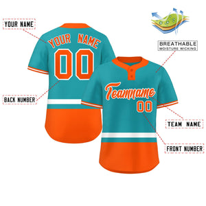 Custom Aqua White-Orange Color Block Personalized Authentic Two-Button Baseball Jersey