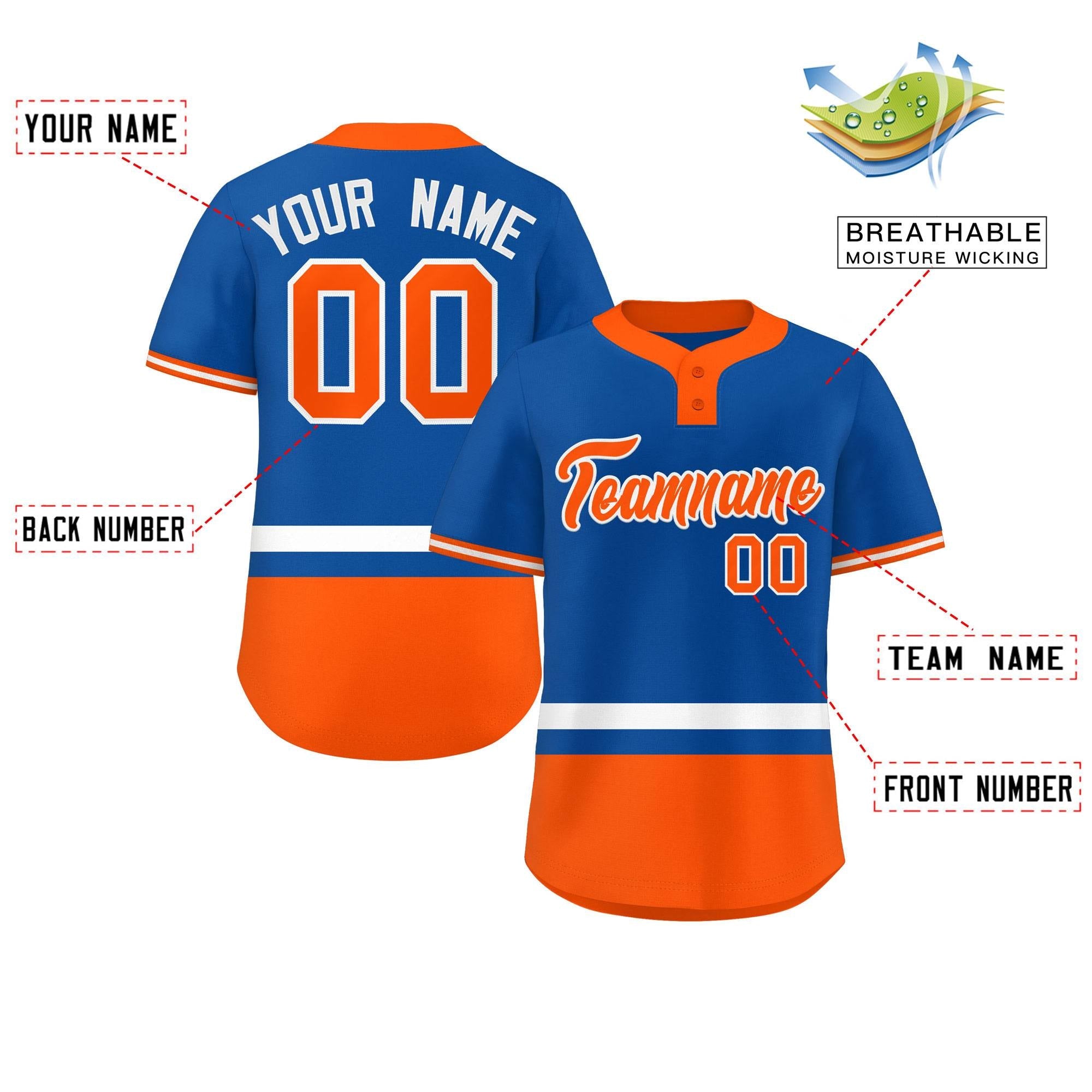 Custom Royal White-Orange Color Block Personalized Authentic Two-Button Baseball Jersey