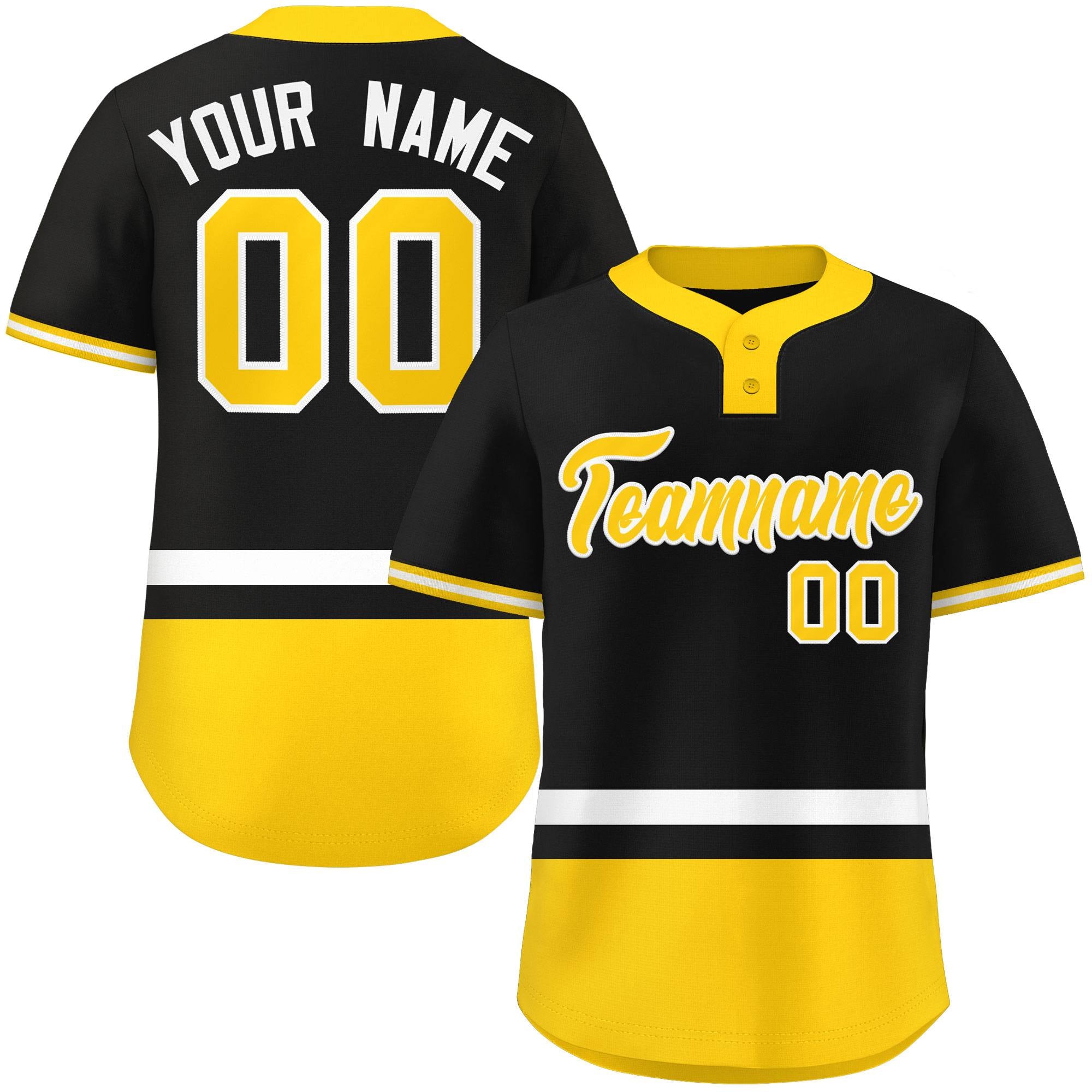 Custom Black White-Gold Color Block Personalized Authentic Two-Button Baseball Jersey