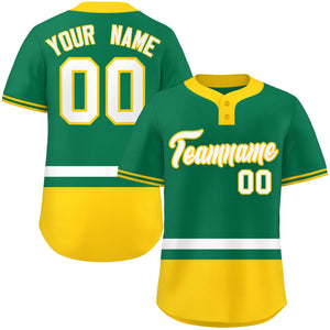 Custom Kelly Green White-Gold Color Block Personalized Authentic Two-Button Baseball Jersey