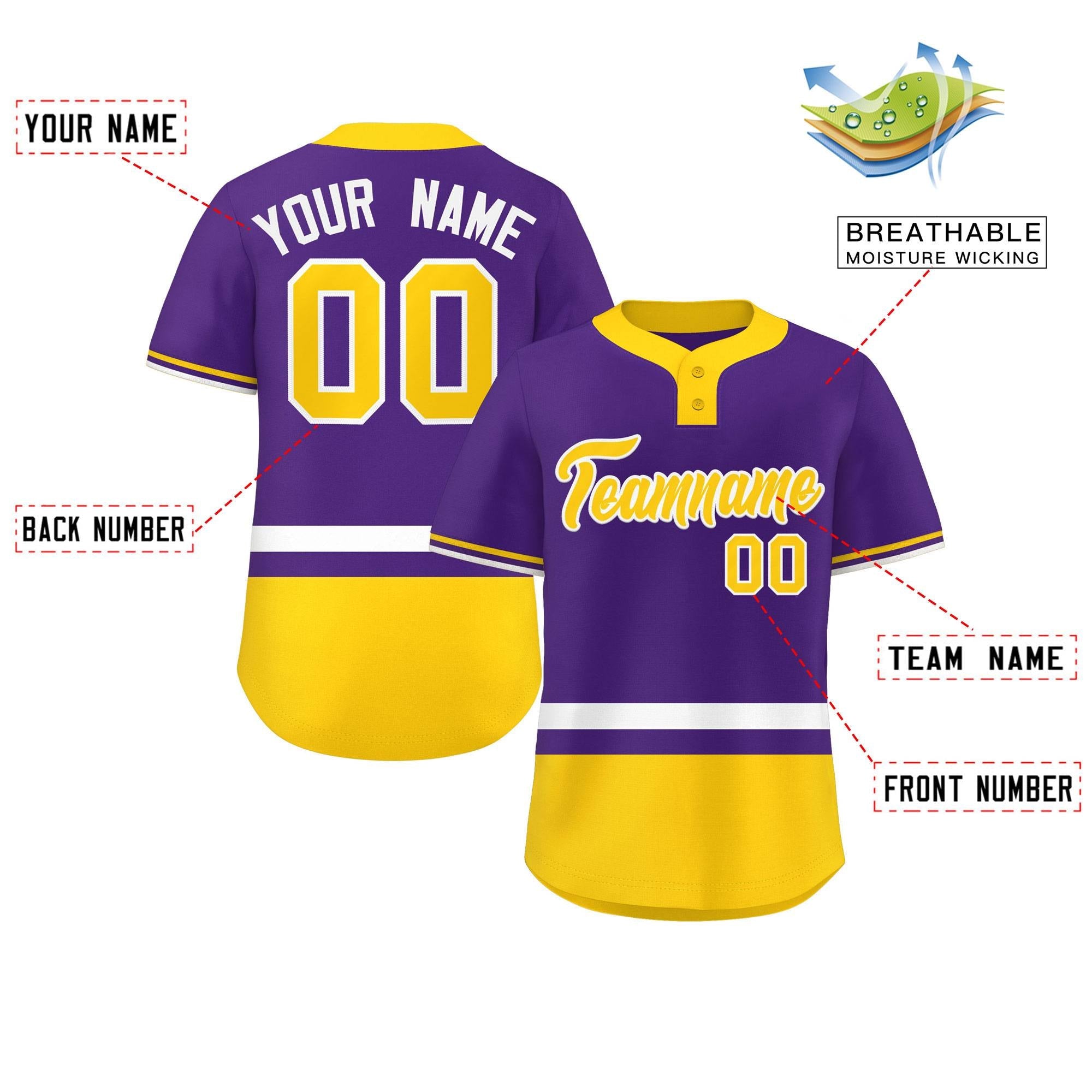 Custom Purple White-Gold Color Block Personalized Authentic Two-Button Baseball Jersey