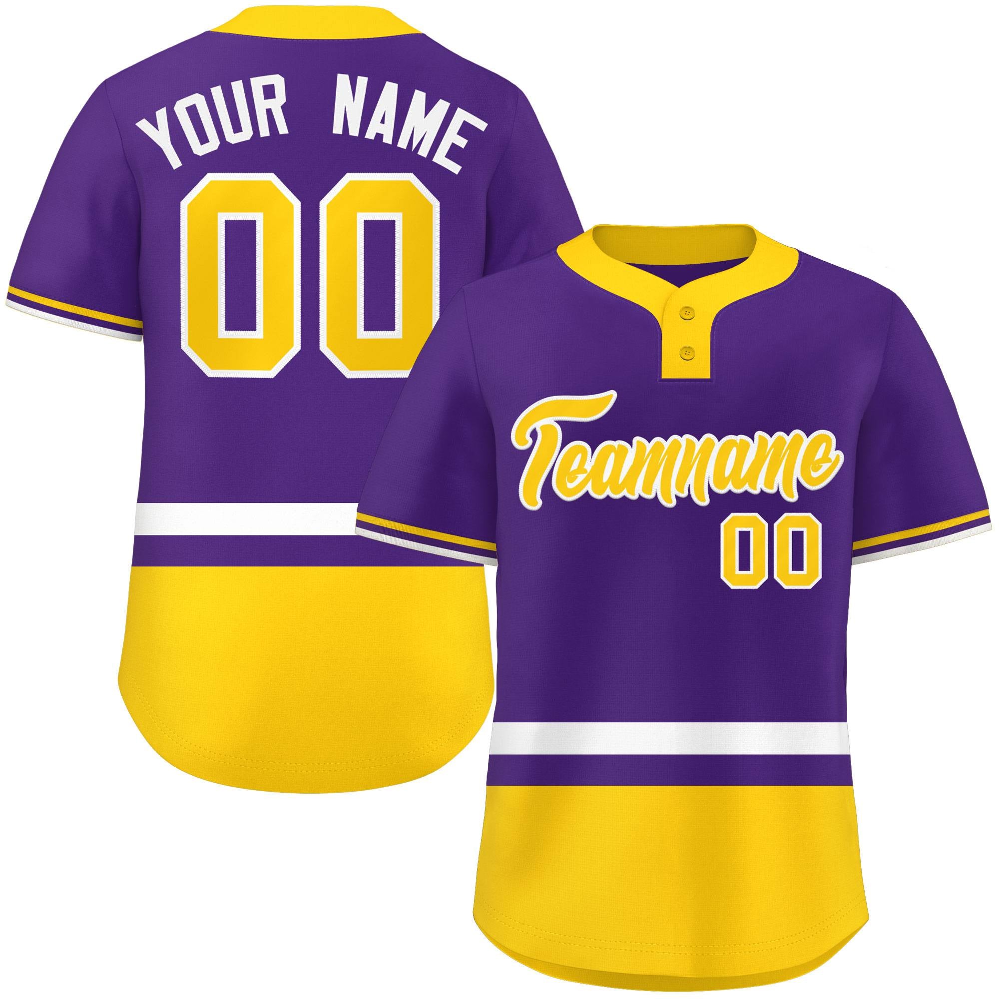 Custom Purple White-Gold Color Block Personalized Authentic Two-Button Baseball Jersey