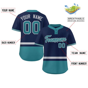 Custom Navy Gray-Aqua Color Block Personalized Authentic Two-Button Baseball Jersey