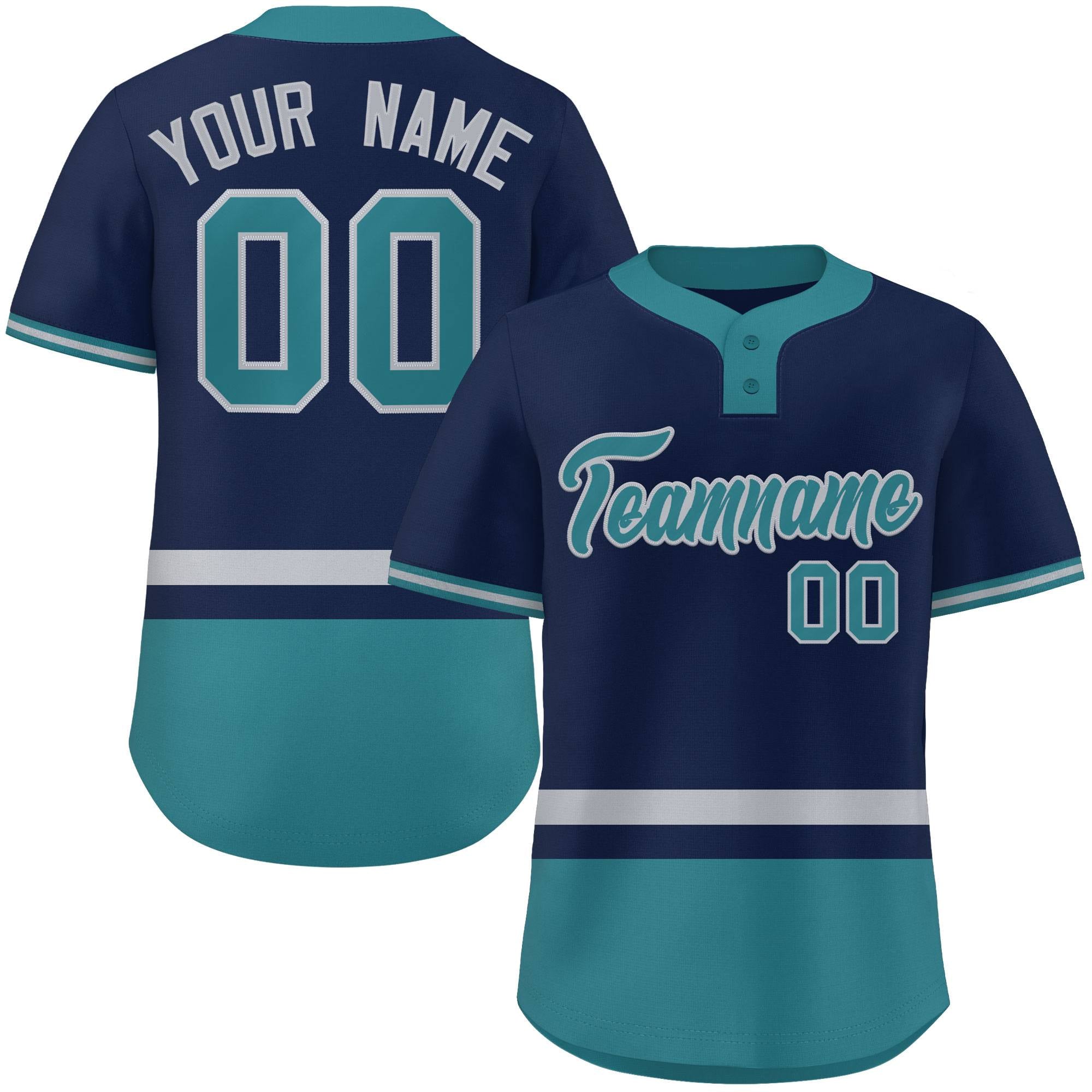 Custom Navy Gray-Aqua Color Block Personalized Authentic Two-Button Baseball Jersey