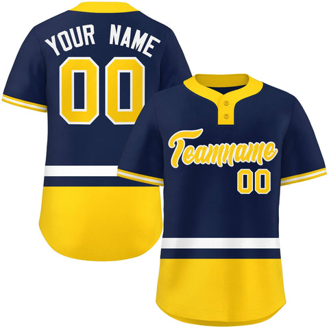 Custom Navy White-Gold Color Block Personalized Authentic Two-Button Baseball Jersey