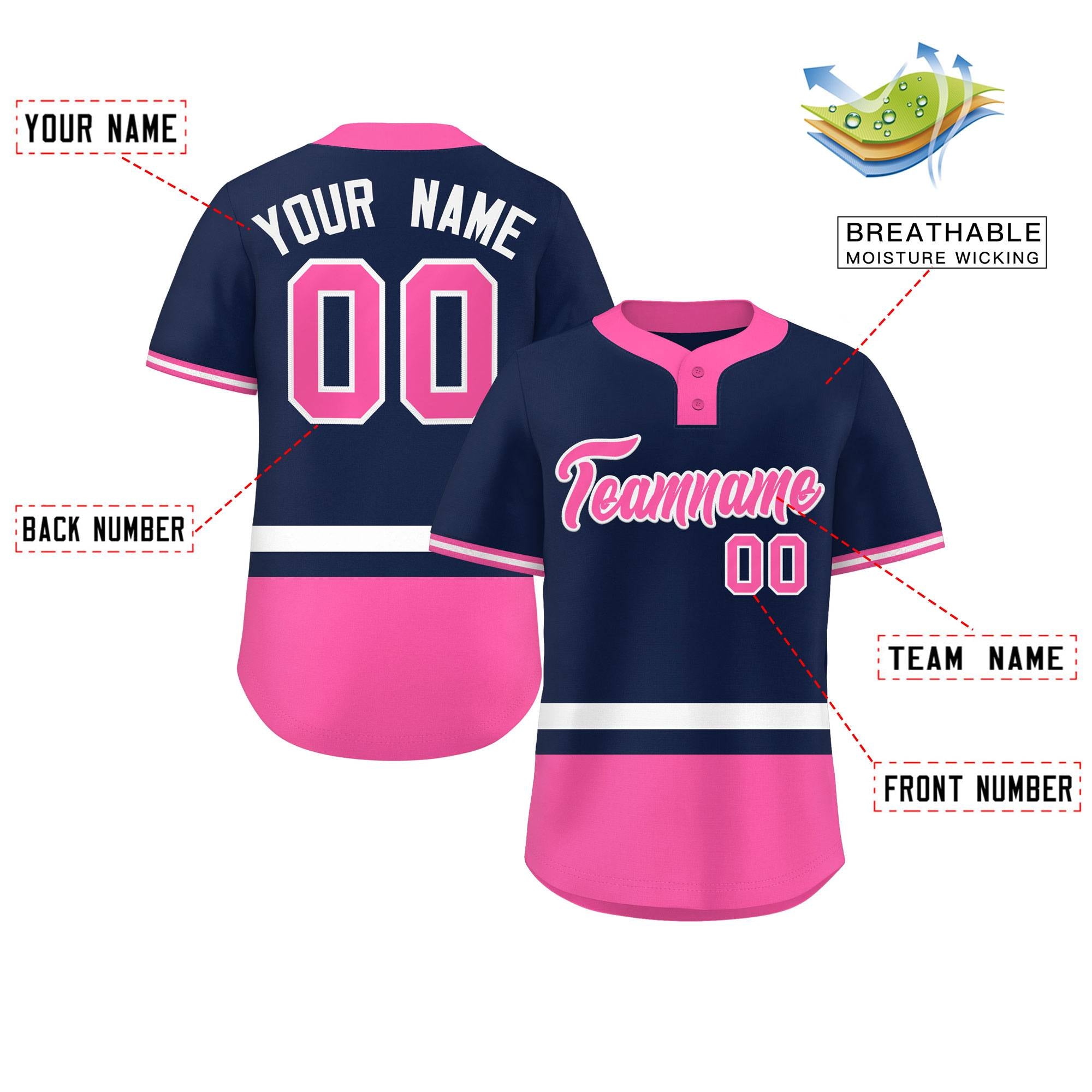 Custom Navy White-Pink Color Block Personalized Authentic Two-Button Baseball Jersey