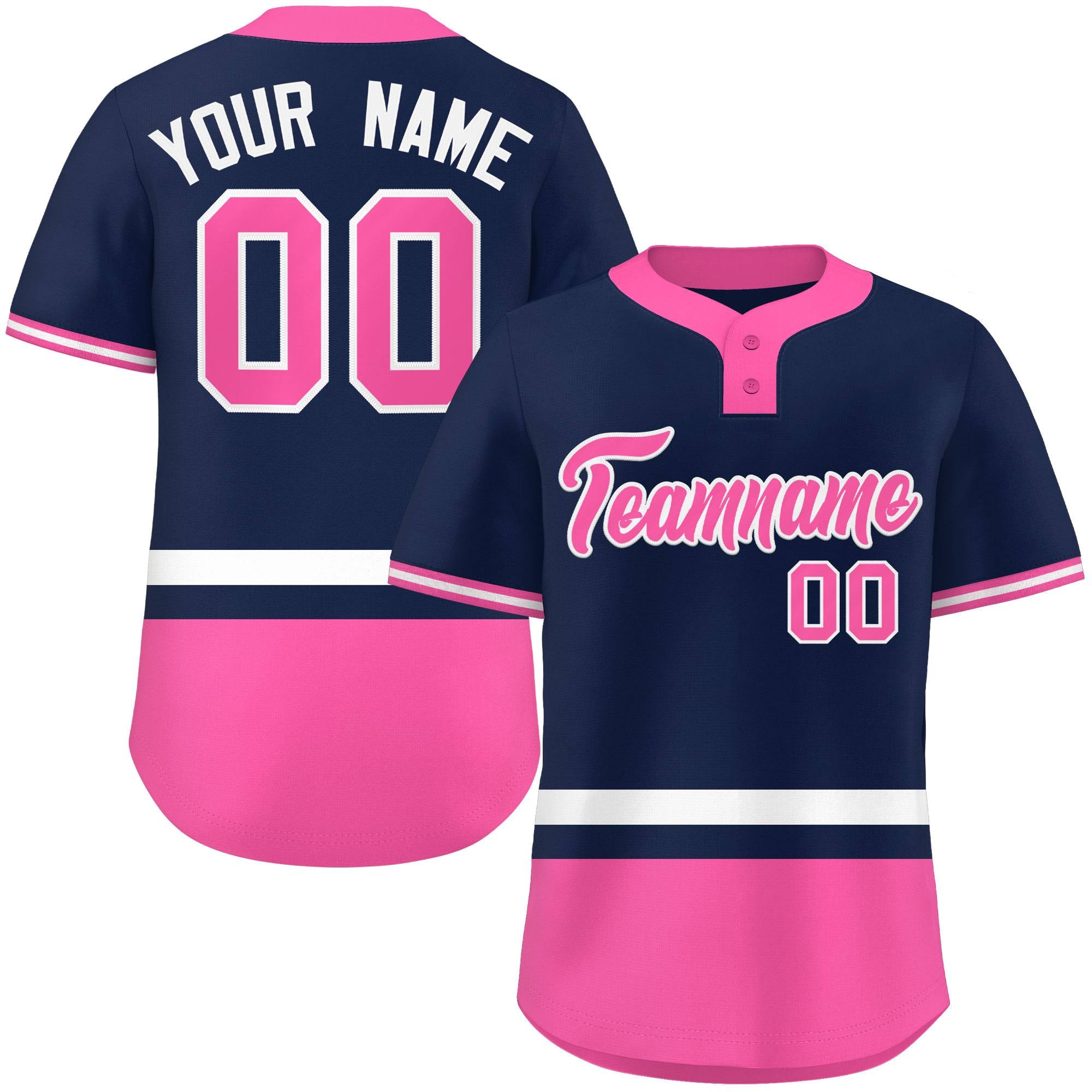 Custom Navy White-Pink Color Block Personalized Authentic Two-Button Baseball Jersey