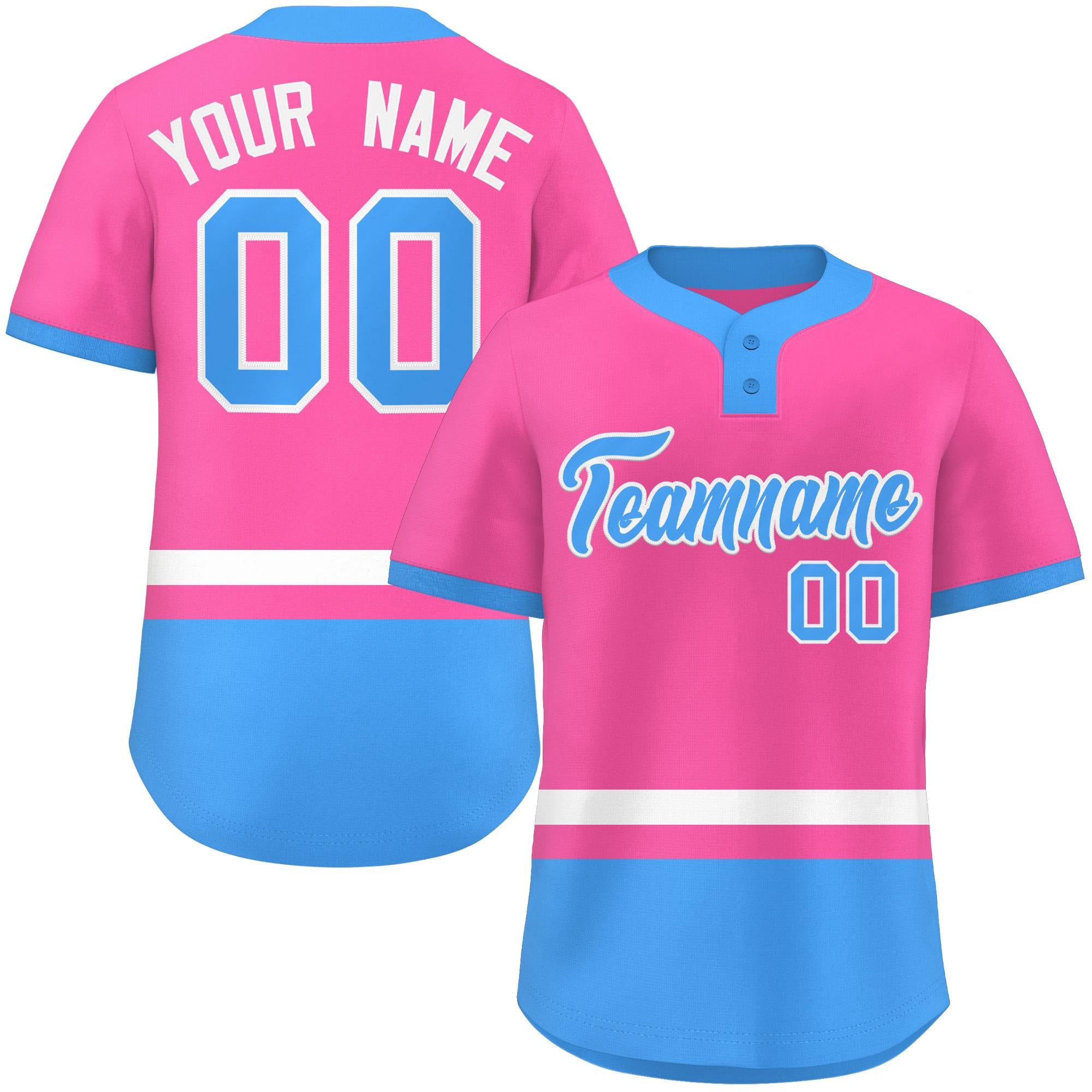 Custom Pink White-Powder Blue Color Block Personalized Authentic Two-Button Baseball Jersey