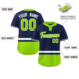 Custom Navy White-Neon Green Color Block Personalized Authentic Two-Button Baseball Jersey