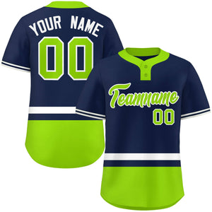 Custom Navy White-Neon Green Color Block Personalized Authentic Two-Button Baseball Jersey