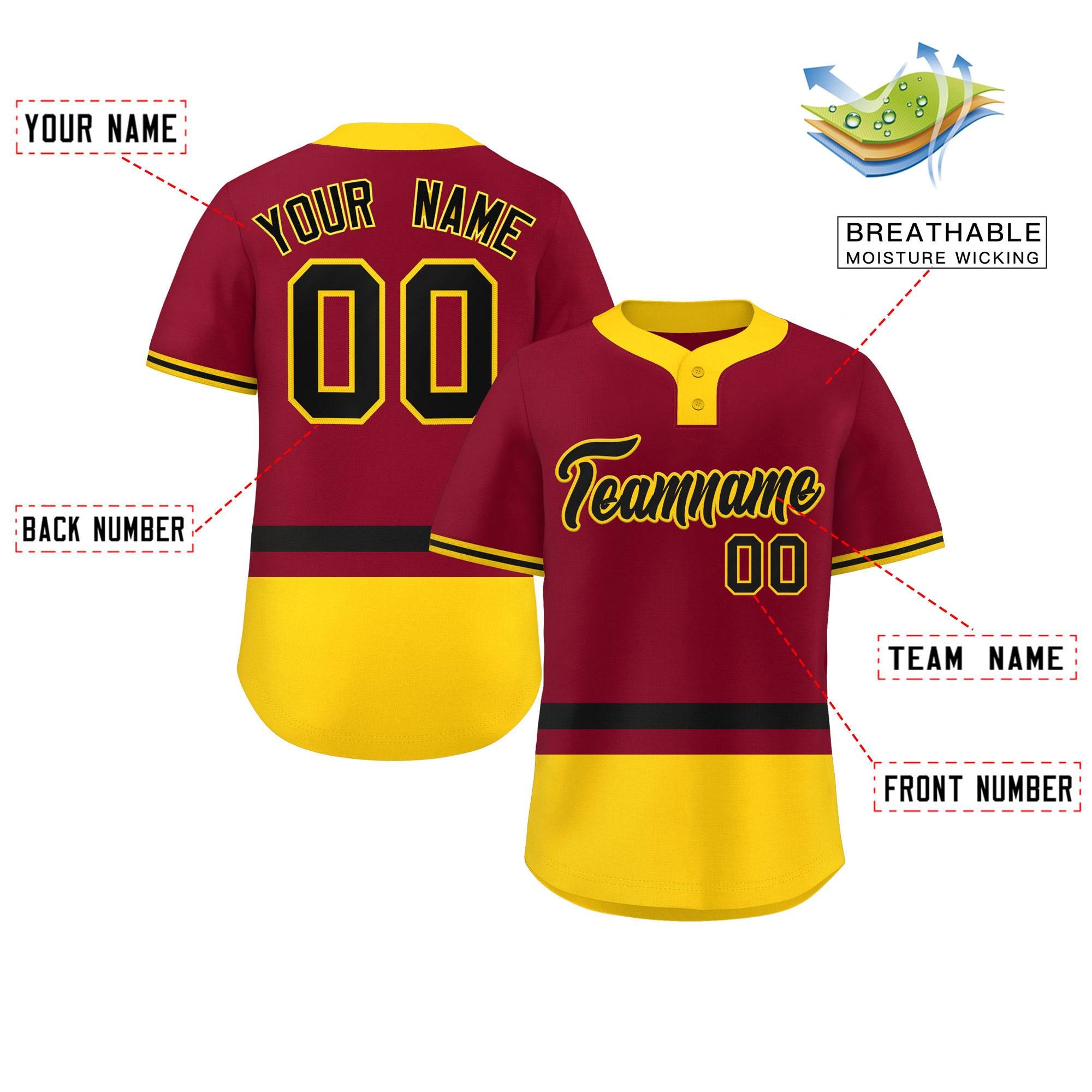 Custom Crimson Black-Gold Color Block Personalized Authentic Two-Button Baseball Jersey