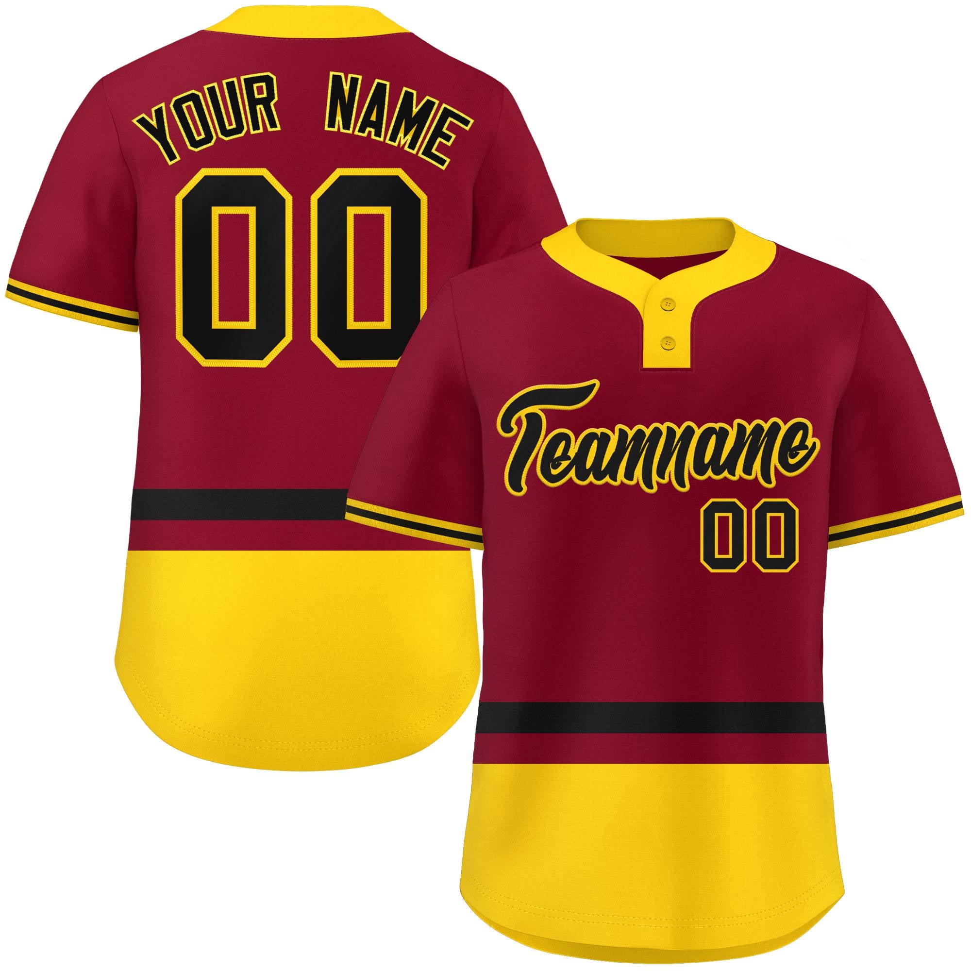 Custom Crimson Black-Gold Color Block Personalized Authentic Two-Button Baseball Jersey