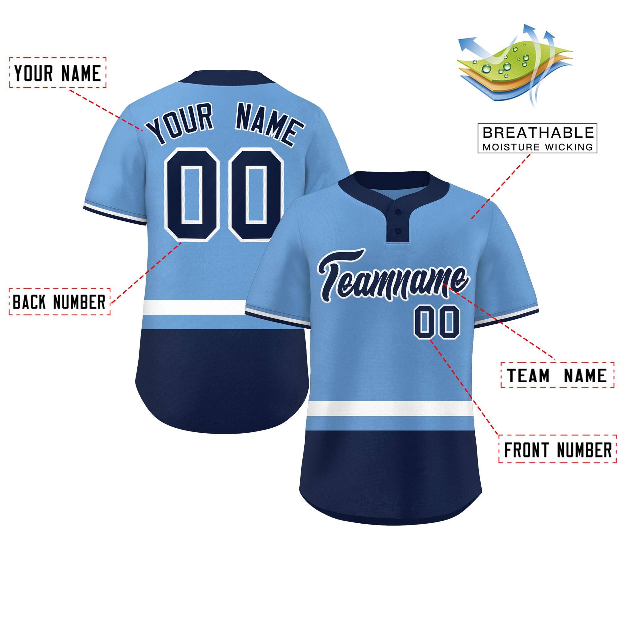 Custom Light Blue White-Navy Color Block Personalized Authentic Two-Button Baseball Jersey