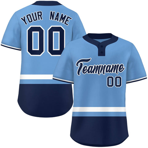 Custom Light Blue White-Navy Color Block Personalized Authentic Two-Button Baseball Jersey
