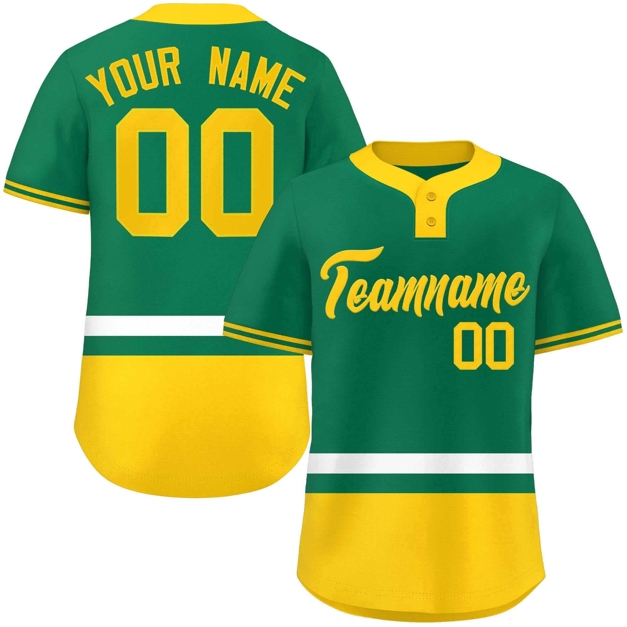 Custom Kelly Green White-Gold Color Block Personalized Authentic Two-Button Baseball Jersey