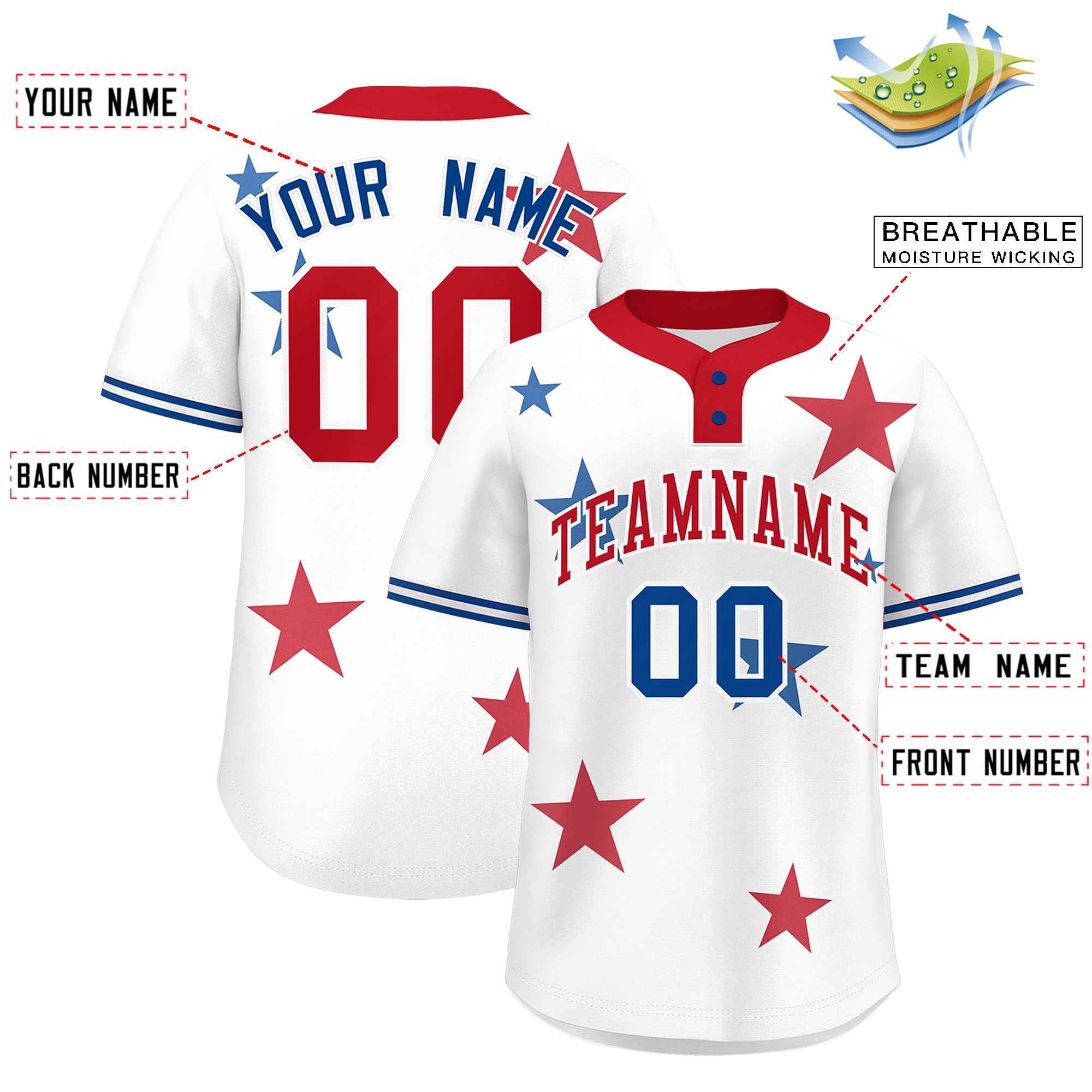 Custom White Red Personalized Star Graffiti Pattern Authentic Two-Button Baseball Jersey