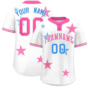 Custom White Pink Personalized Star Graffiti Pattern Authentic Two-Button Baseball Jersey