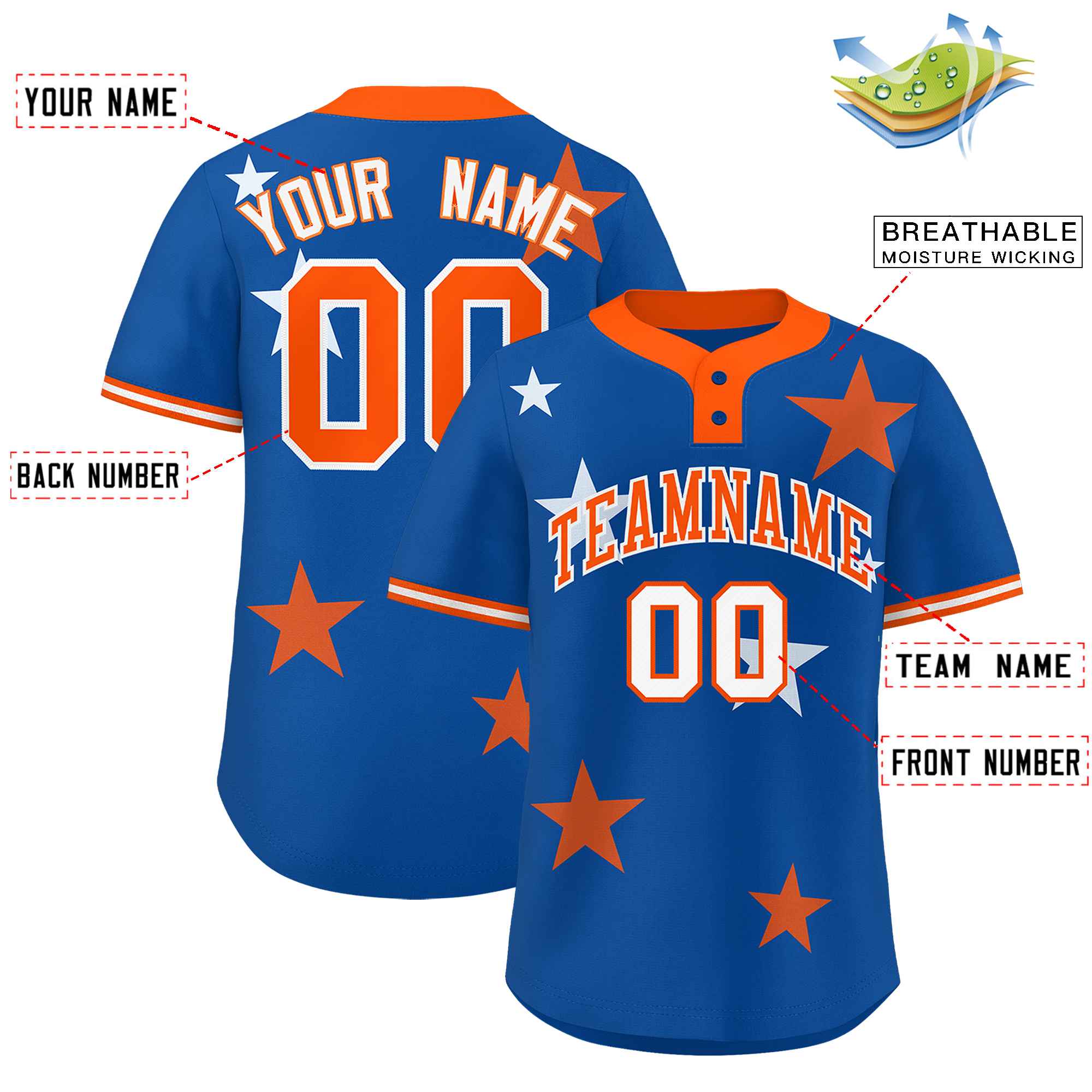 Custom Royal Orange Personalized Star Graffiti Pattern Authentic Two-Button Baseball Jersey