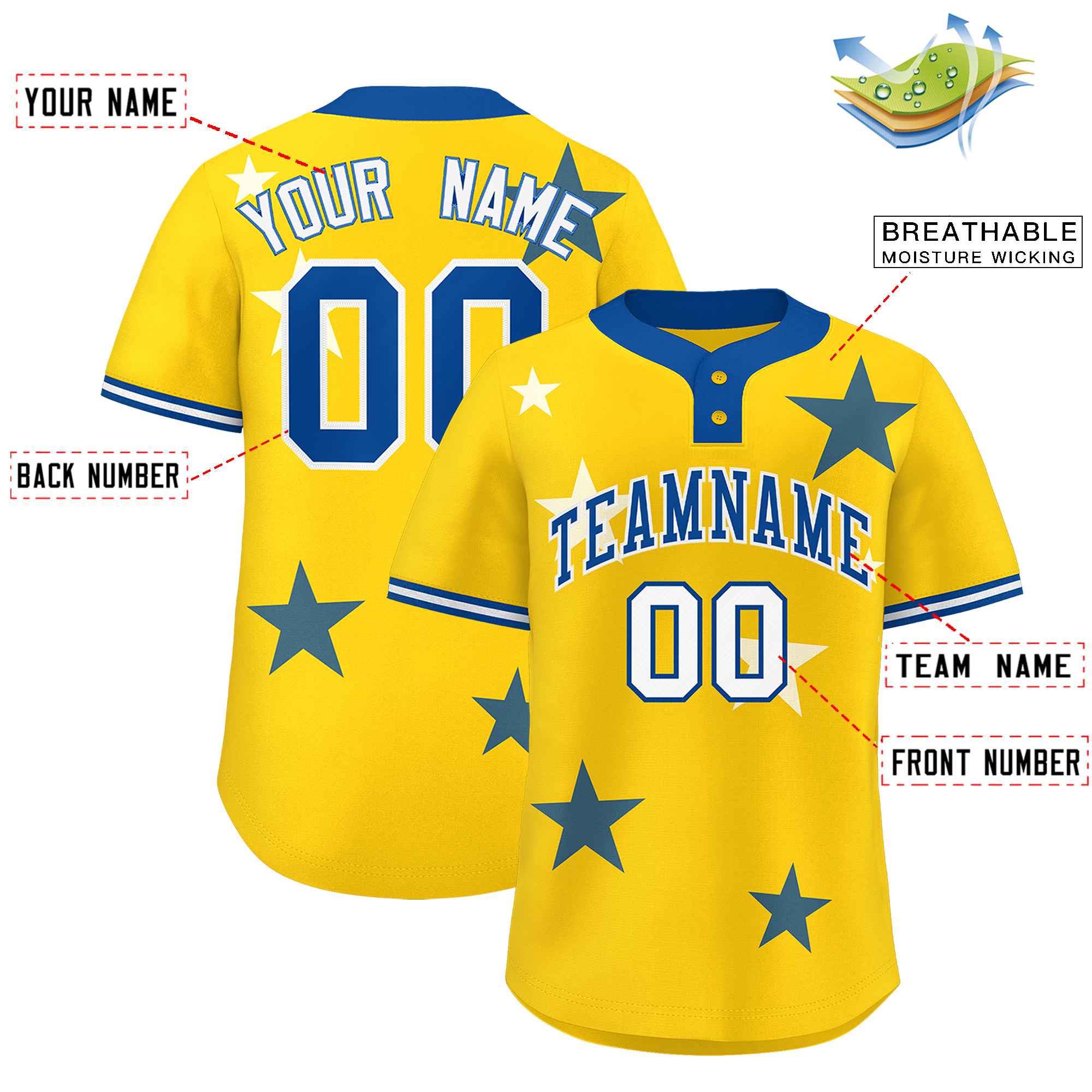 Custom Gold Royal Personalized Star Graffiti Pattern Authentic Two-Button Baseball Jersey