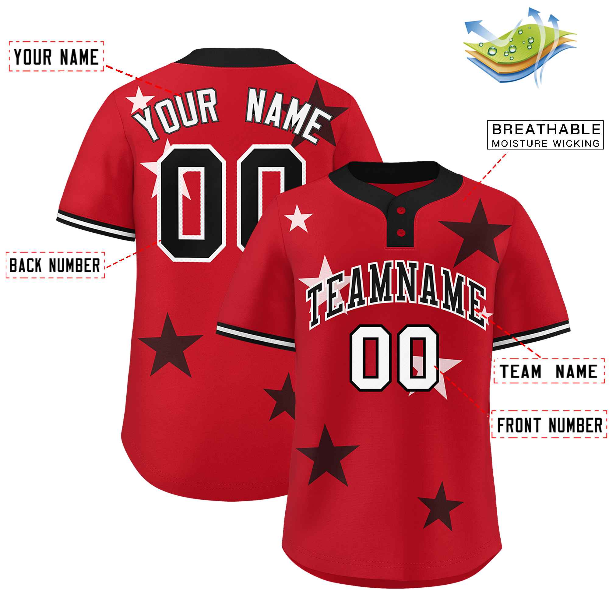 Custom Red Black Personalized Star Graffiti Pattern Authentic Two-Button Baseball Jersey