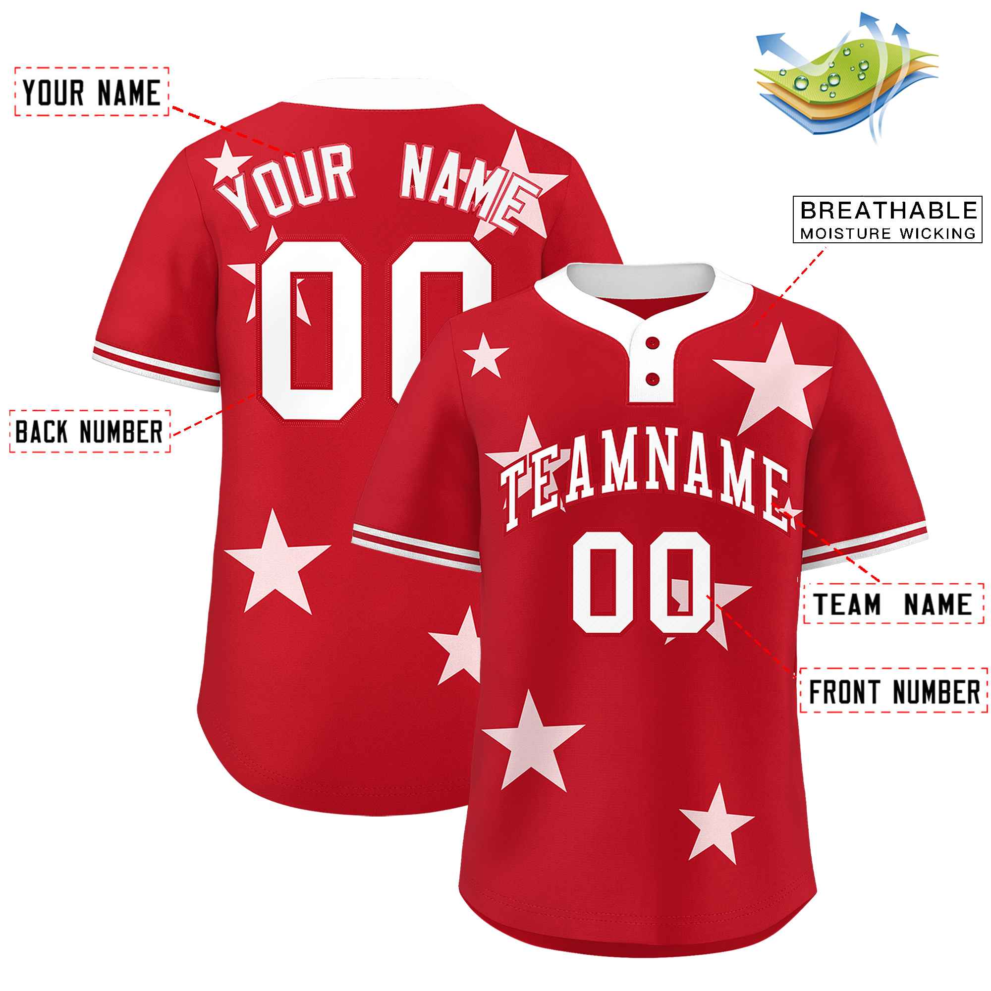 Custom Red White Personalized Star Graffiti Pattern Authentic Two-Button Baseball Jersey