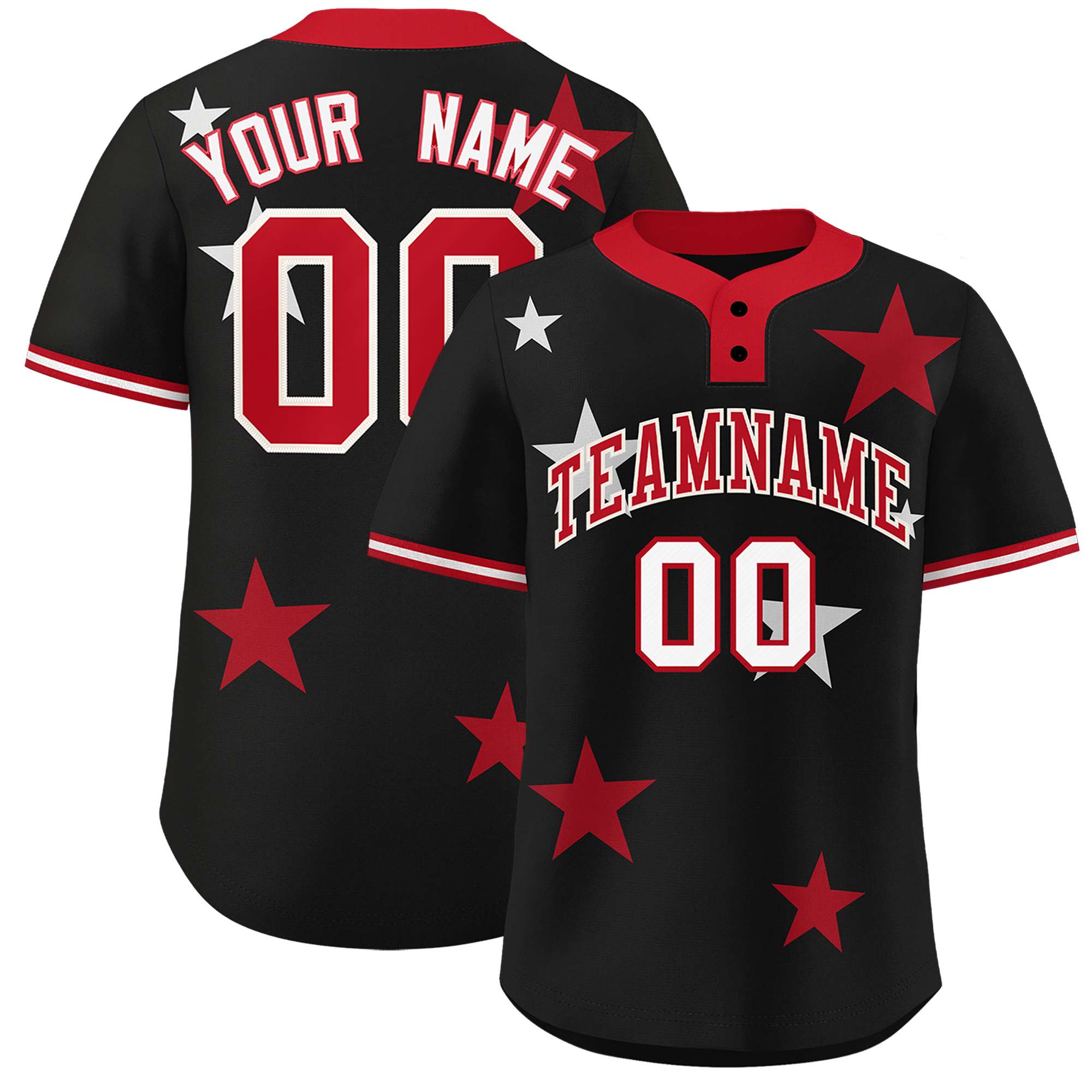 Custom Black Red Personalized Star Graffiti Pattern Authentic Two-Button Baseball Jersey