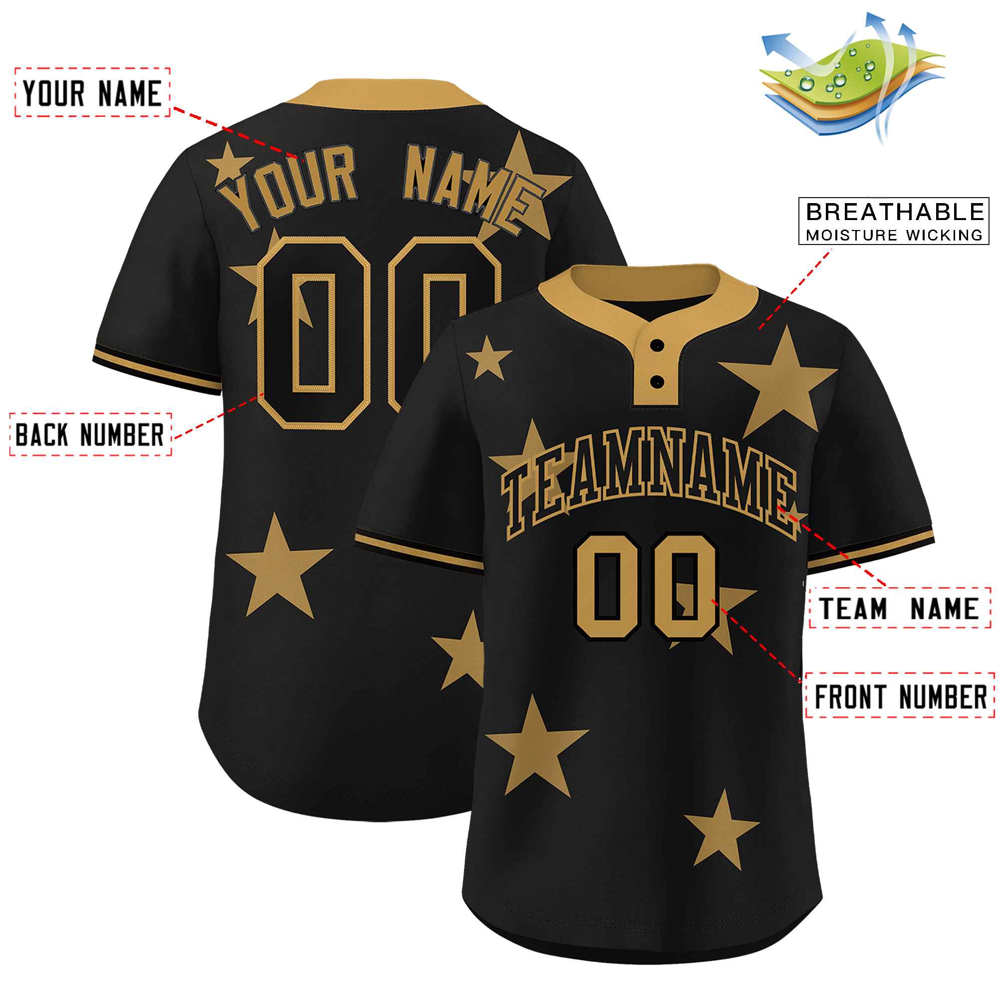 Custom Black Old Gold Personalized Star Graffiti Pattern Authentic Two-Button Baseball Jersey