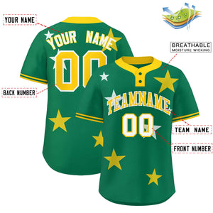 Custom Kelly Green Gold Personalized Star Graffiti Pattern Authentic Two-Button Baseball Jersey