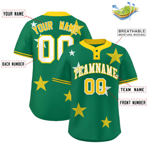 Custom Kelly Green Gold Personalized Star Graffiti Pattern Authentic Two-Button Baseball Jersey