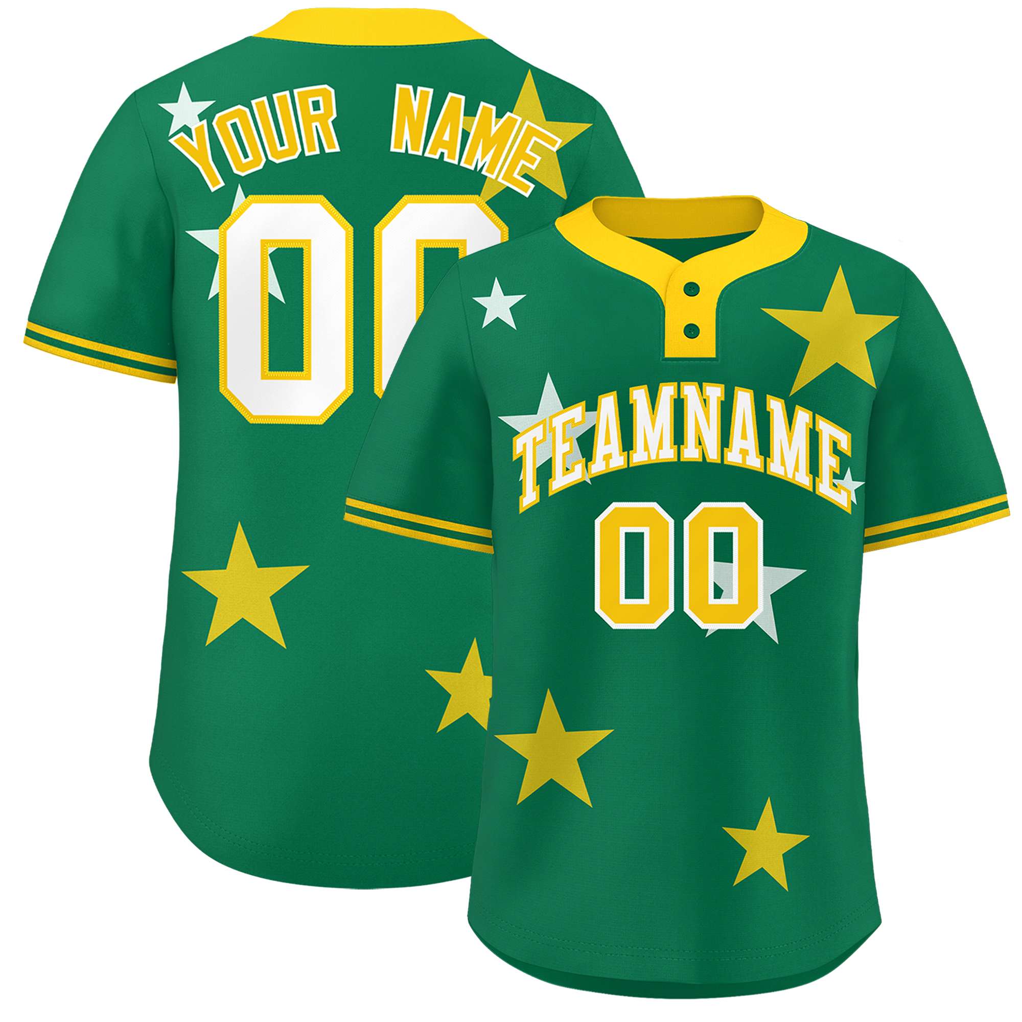 Custom Kelly Green Gold Personalized Star Graffiti Pattern Authentic Two-Button Baseball Jersey