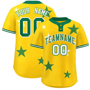 Custom Gold Kelly Green Personalized Star Graffiti Pattern Authentic Two-Button Baseball Jersey