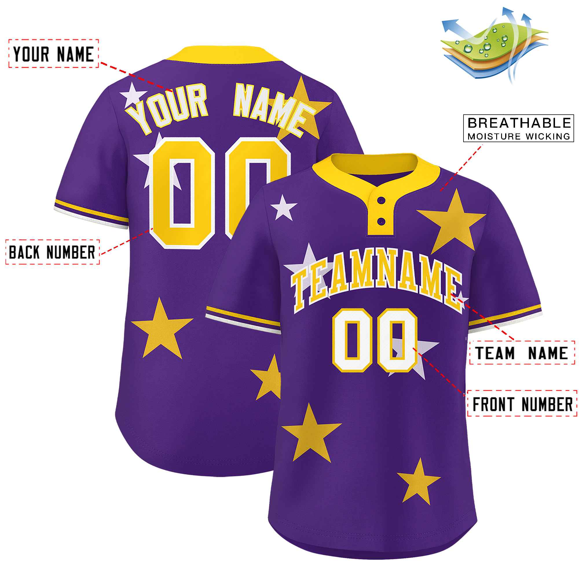 Custom Purple Gold Personalized Star Graffiti Pattern Authentic Two-Button Baseball Jersey