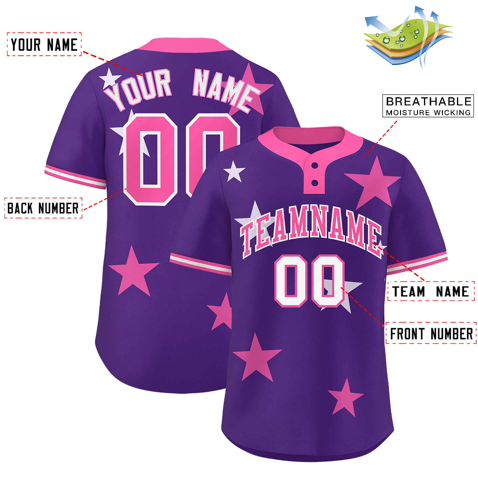 Custom Purple Pink Personalized Star Graffiti Pattern Authentic Two-Button Baseball Jersey