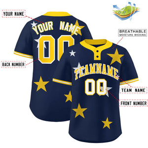 Custom Navy Gold Personalized Star Graffiti Pattern Authentic Two-Button Baseball Jersey