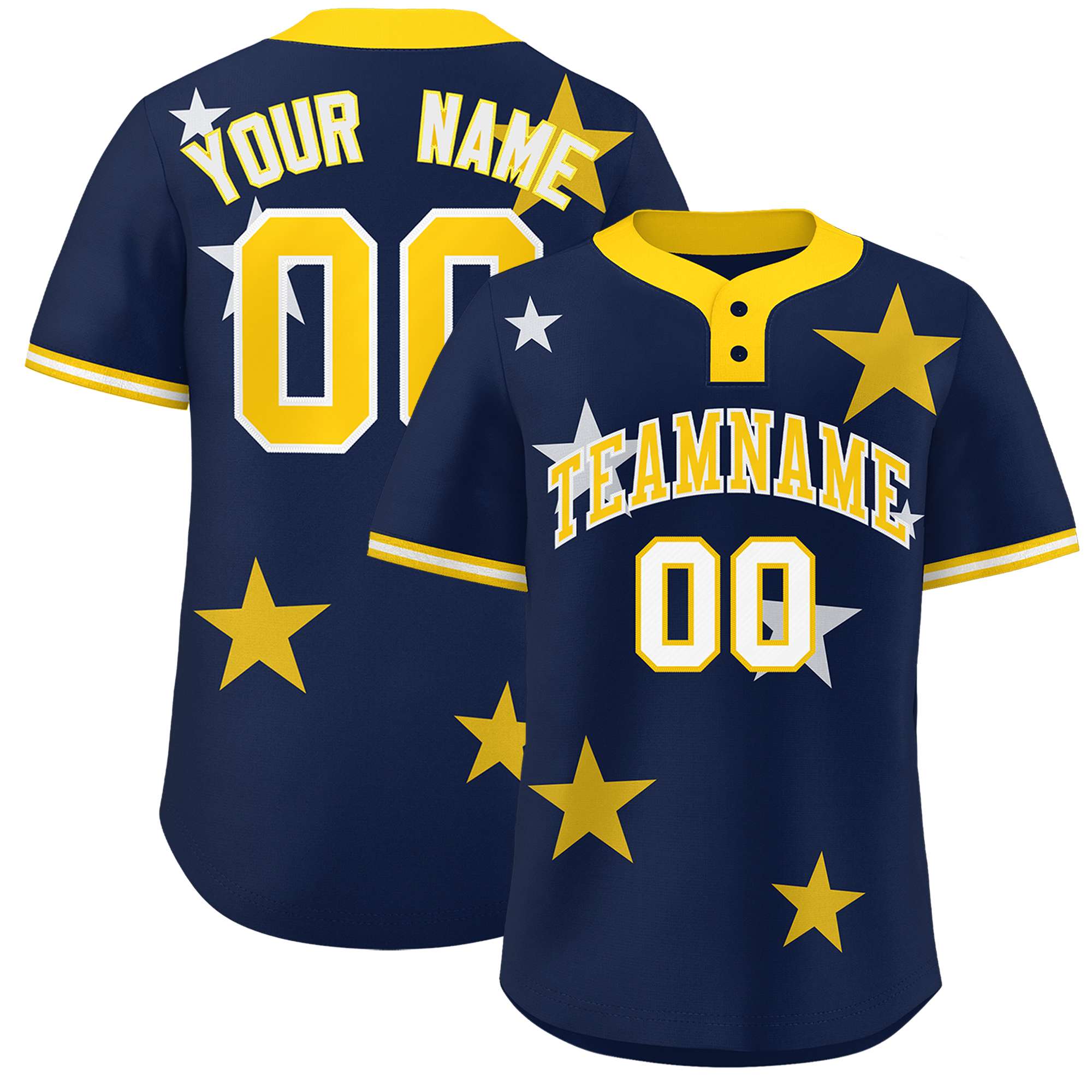 Custom Navy Gold Personalized Star Graffiti Pattern Authentic Two-Button Baseball Jersey