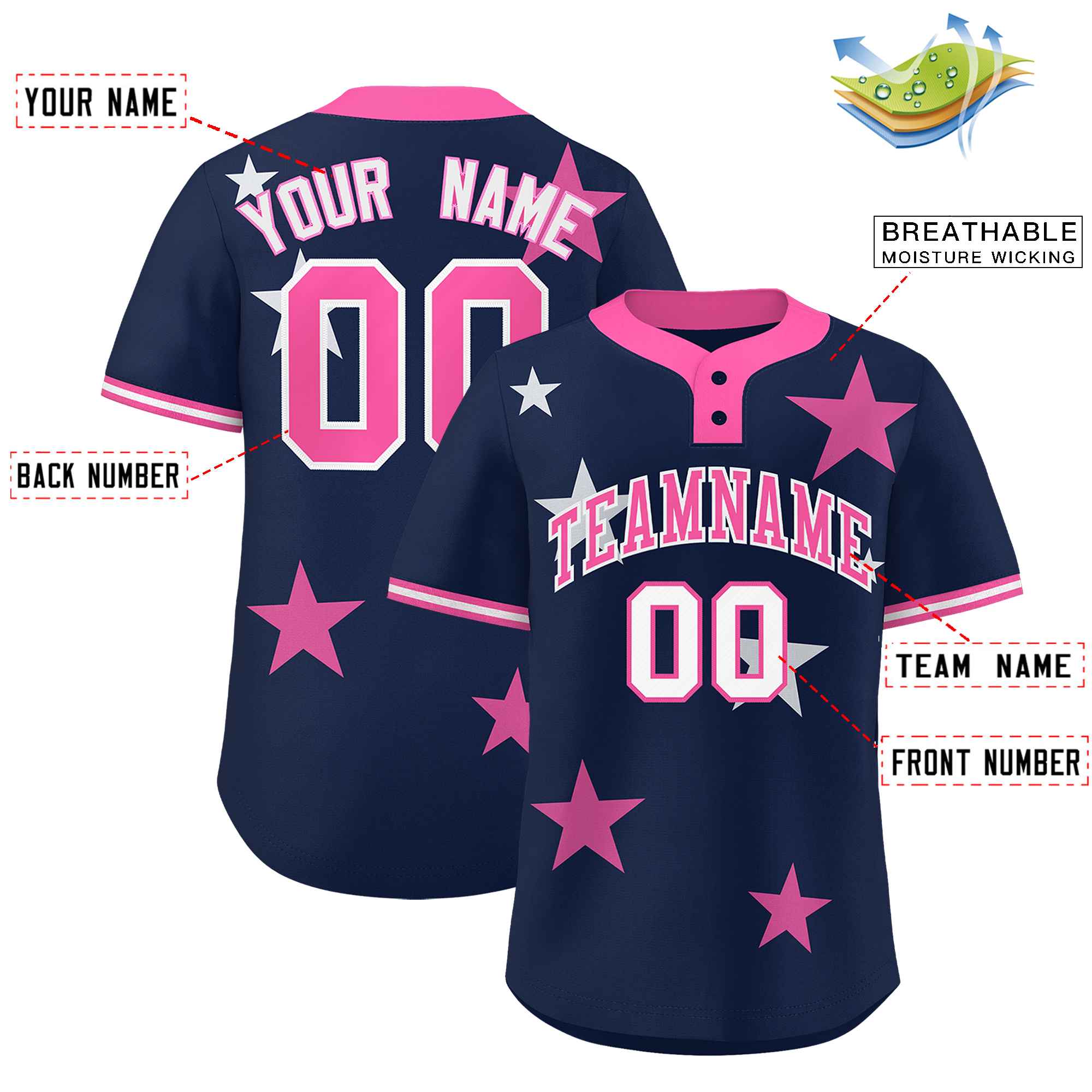 Custom Navy Pink Personalized Star Graffiti Pattern Authentic Two-Button Baseball Jersey