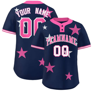 Custom Navy Pink Personalized Star Graffiti Pattern Authentic Two-Button Baseball Jersey