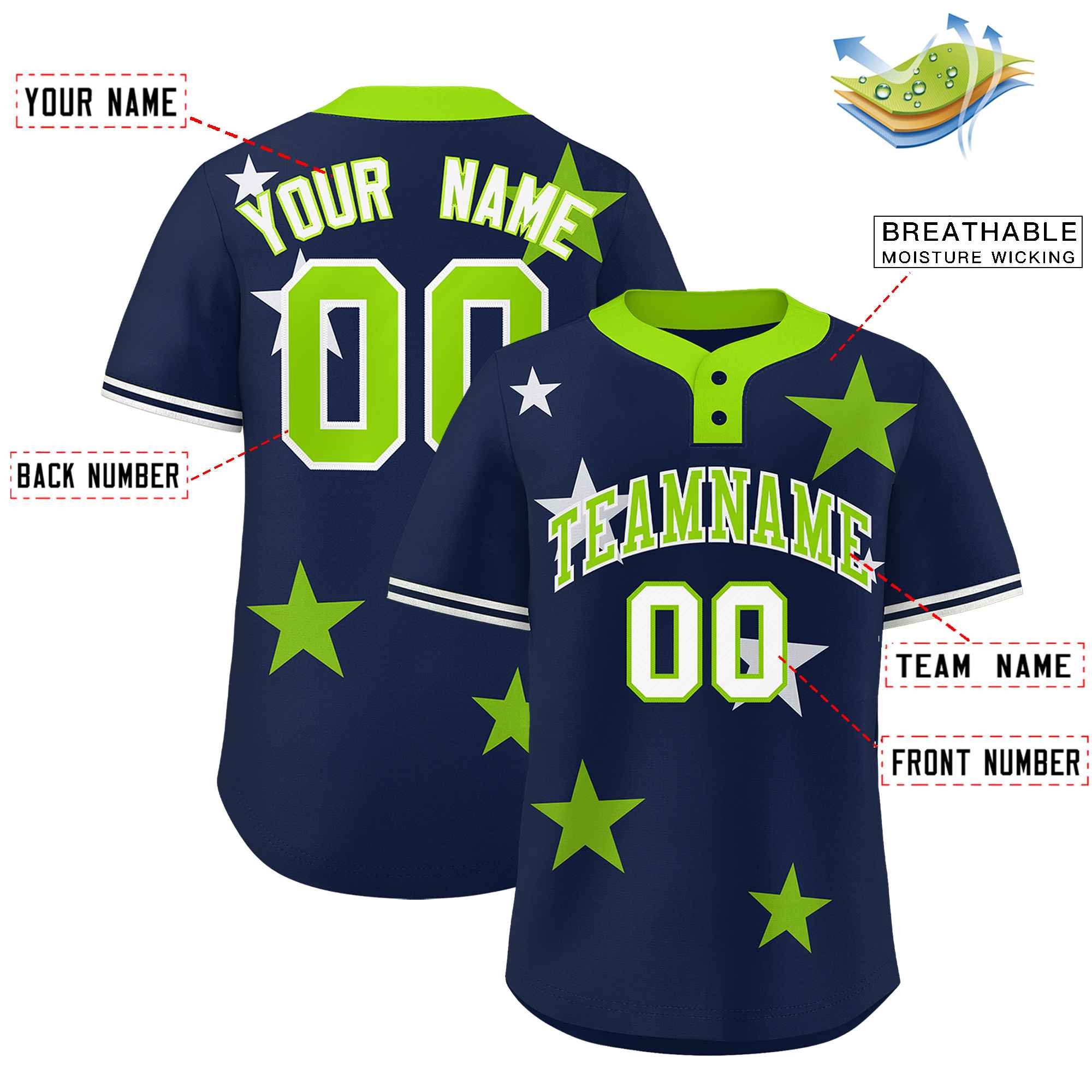 Custom Navy Neon Green Personalized Star Graffiti Pattern Authentic Two-Button Baseball Jersey