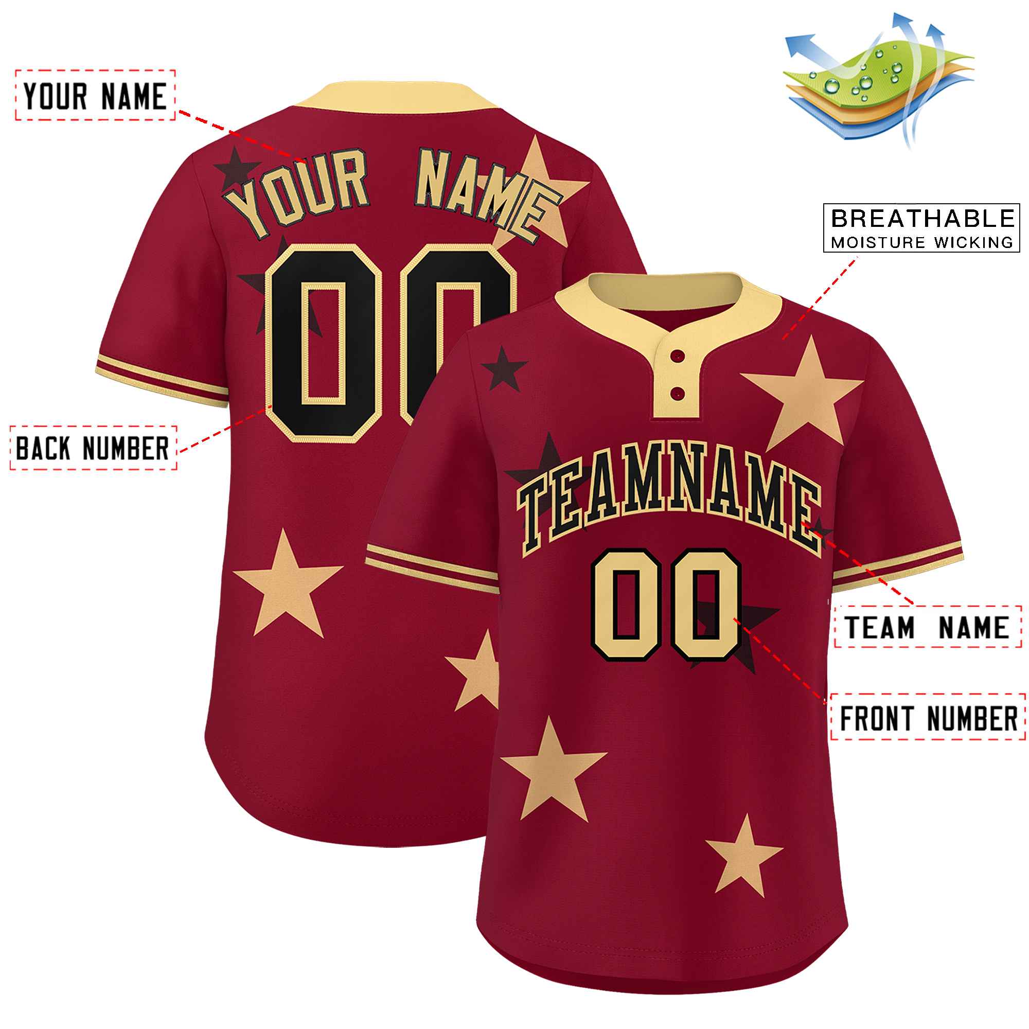 Custom Crimson Khaki Personalized Star Graffiti Pattern Authentic Two-Button Baseball Jersey