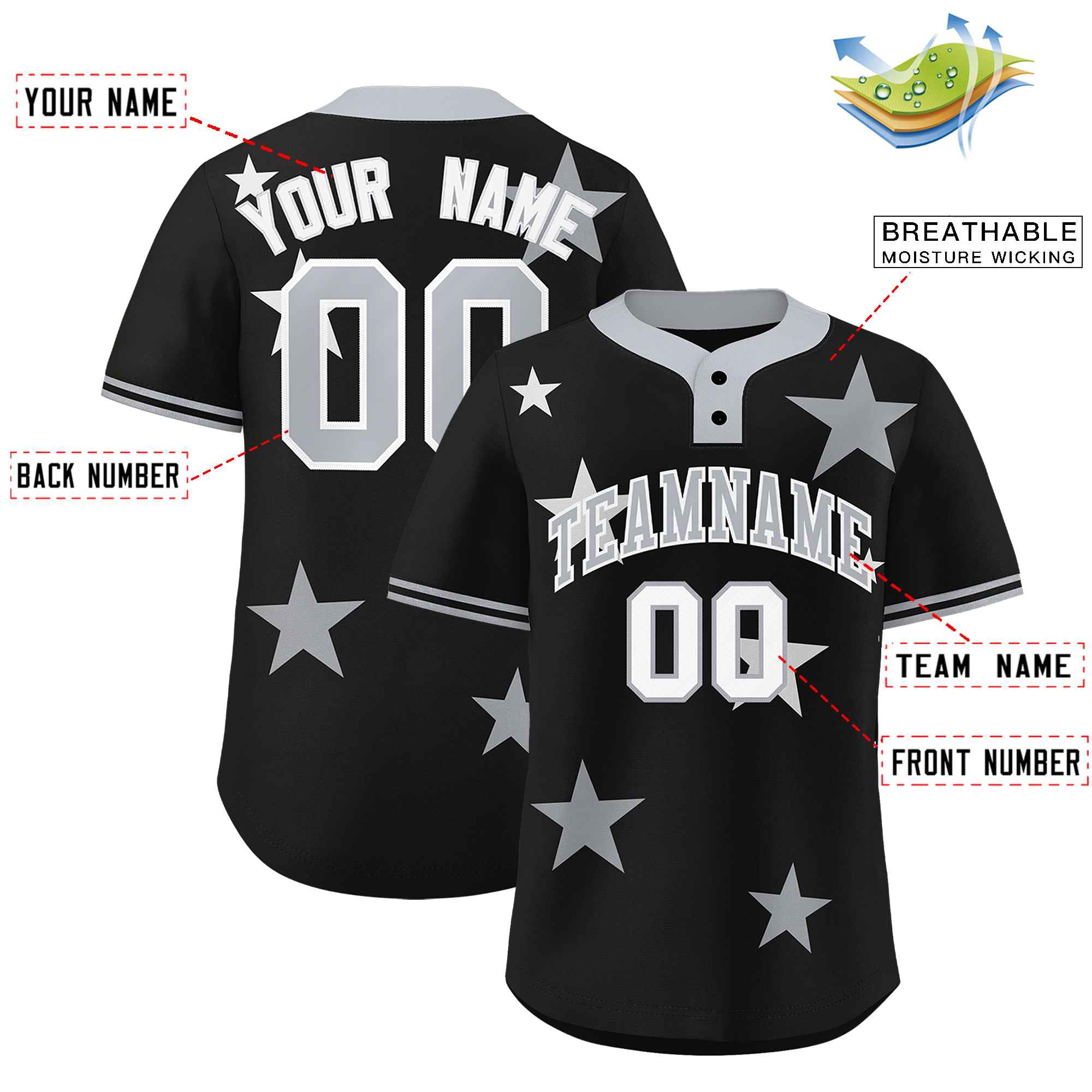 Custom Black Gray Personalized Star Graffiti Pattern Authentic Two-Button Baseball Jersey