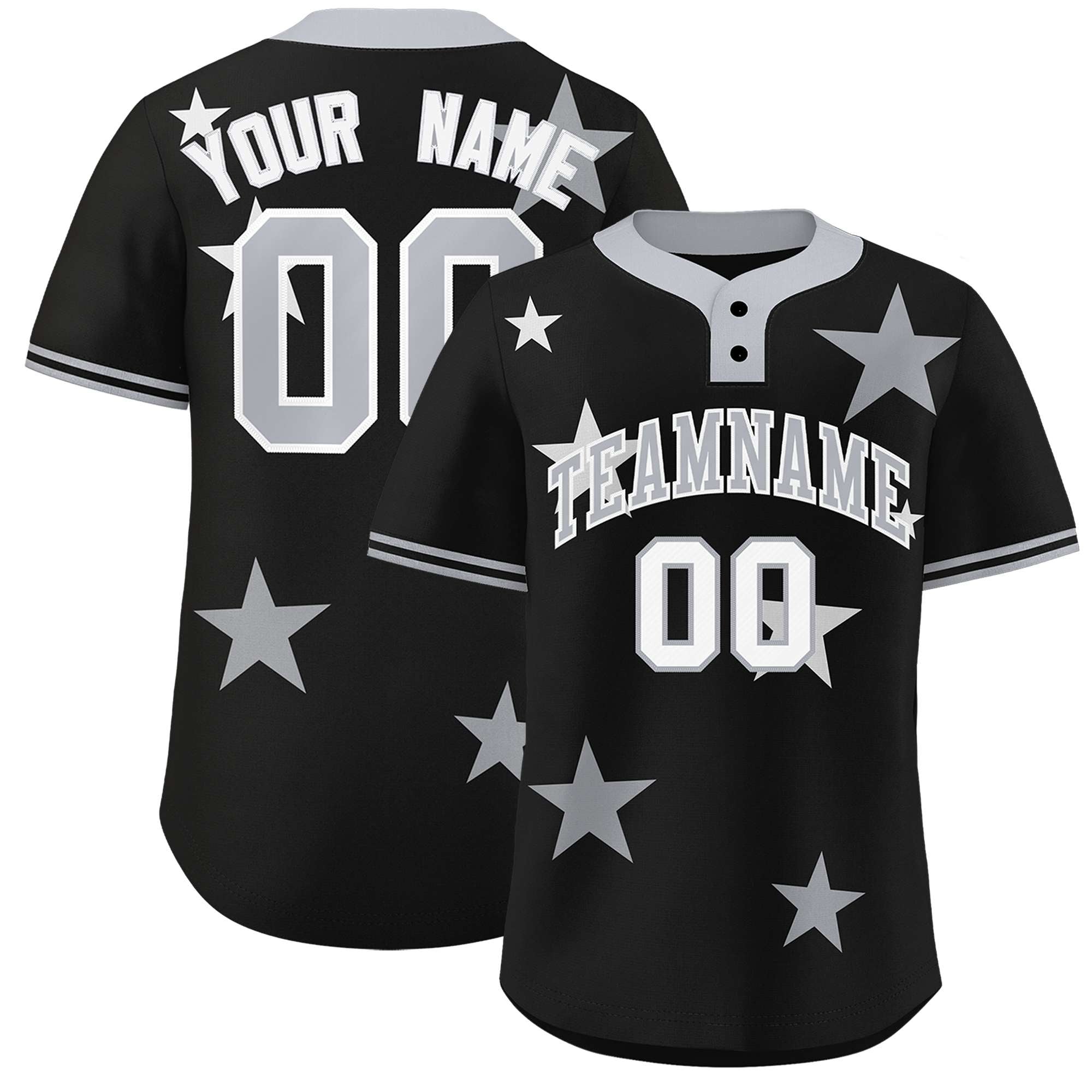 Custom Black Gray Personalized Star Graffiti Pattern Authentic Two-Button Baseball Jersey