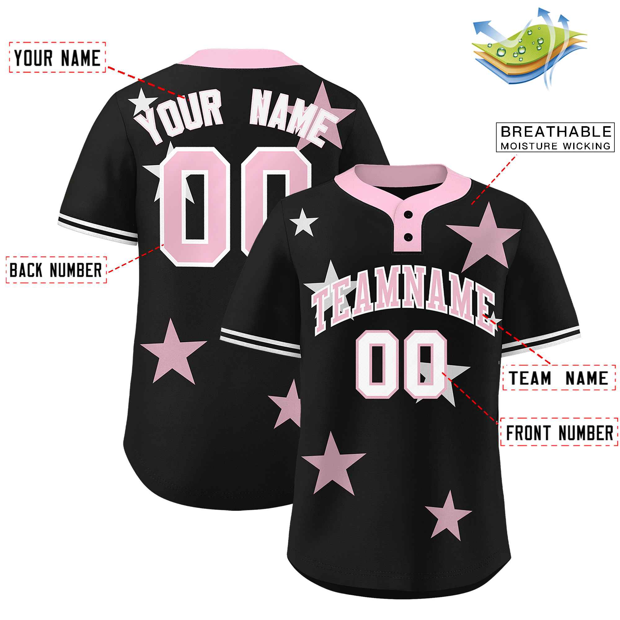 Custom Black Light Pink Personalized Star Graffiti Pattern Authentic Two-Button Baseball Jersey