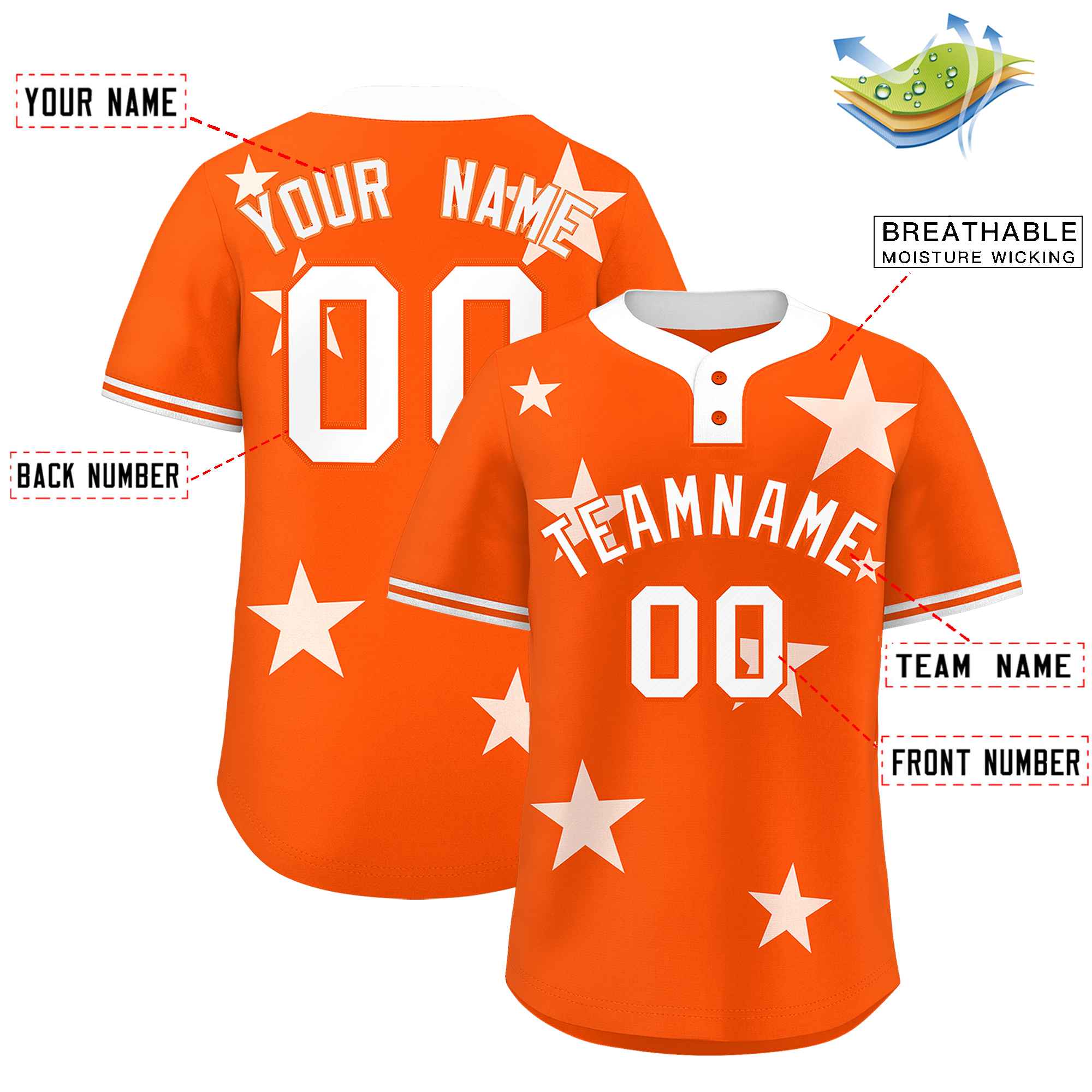 Custom Orange White Personalized Star Graffiti Pattern Authentic Two-Button Baseball Jersey