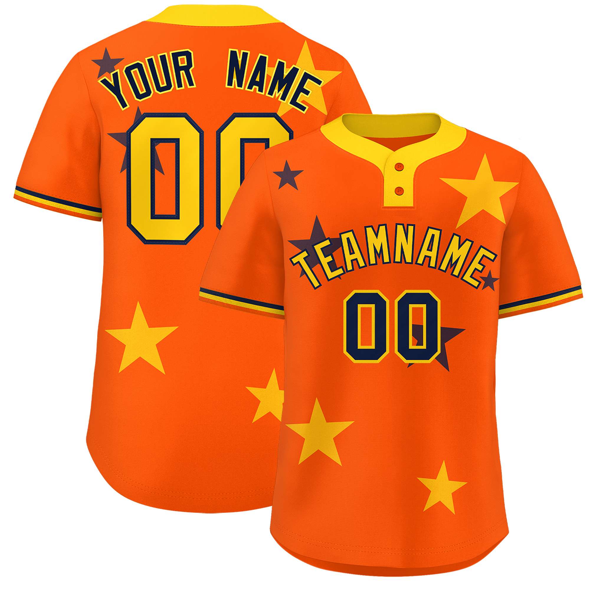 Custom Orange Gold Personalized Star Graffiti Pattern Authentic Two-Button Baseball Jersey