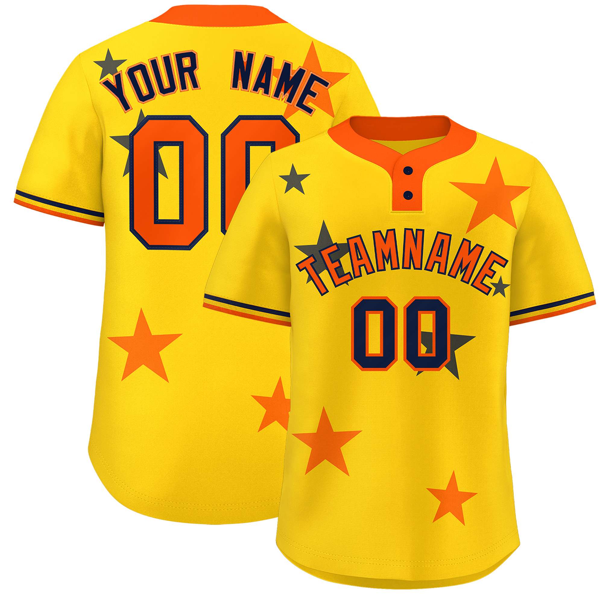 Custom Gold Orange Personalized Star Graffiti Pattern Authentic Two-Button Baseball Jersey